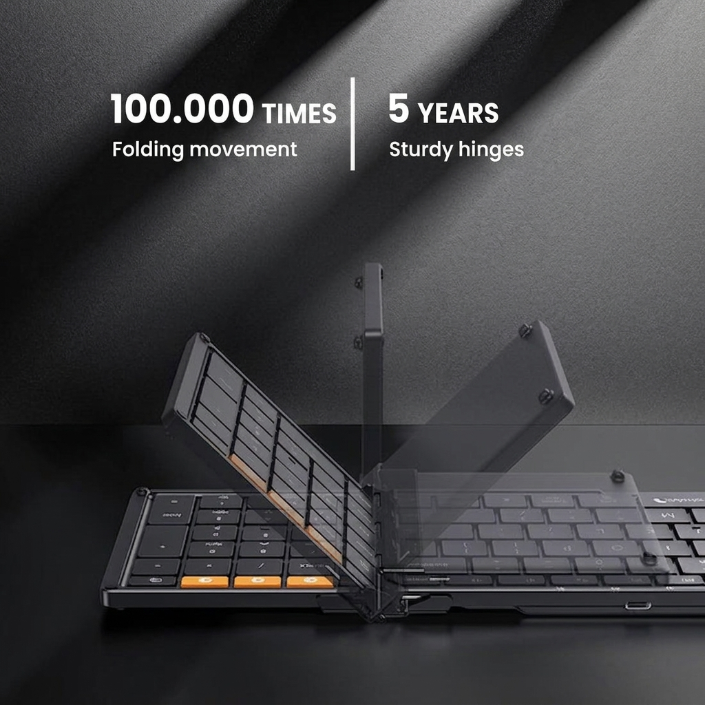 Un clavier noir pliable avec du texte sur la durabilité et les charnières.