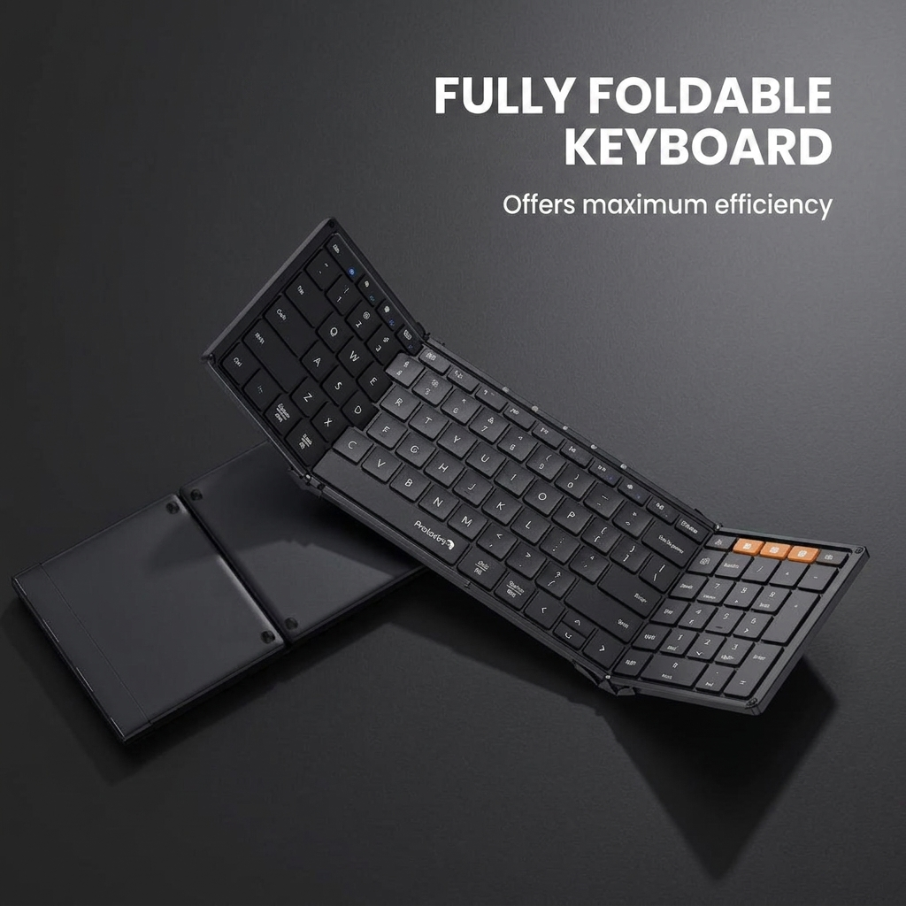 Un clavier noir pliable repose sur une surface sombre avec du texte promotionnel.