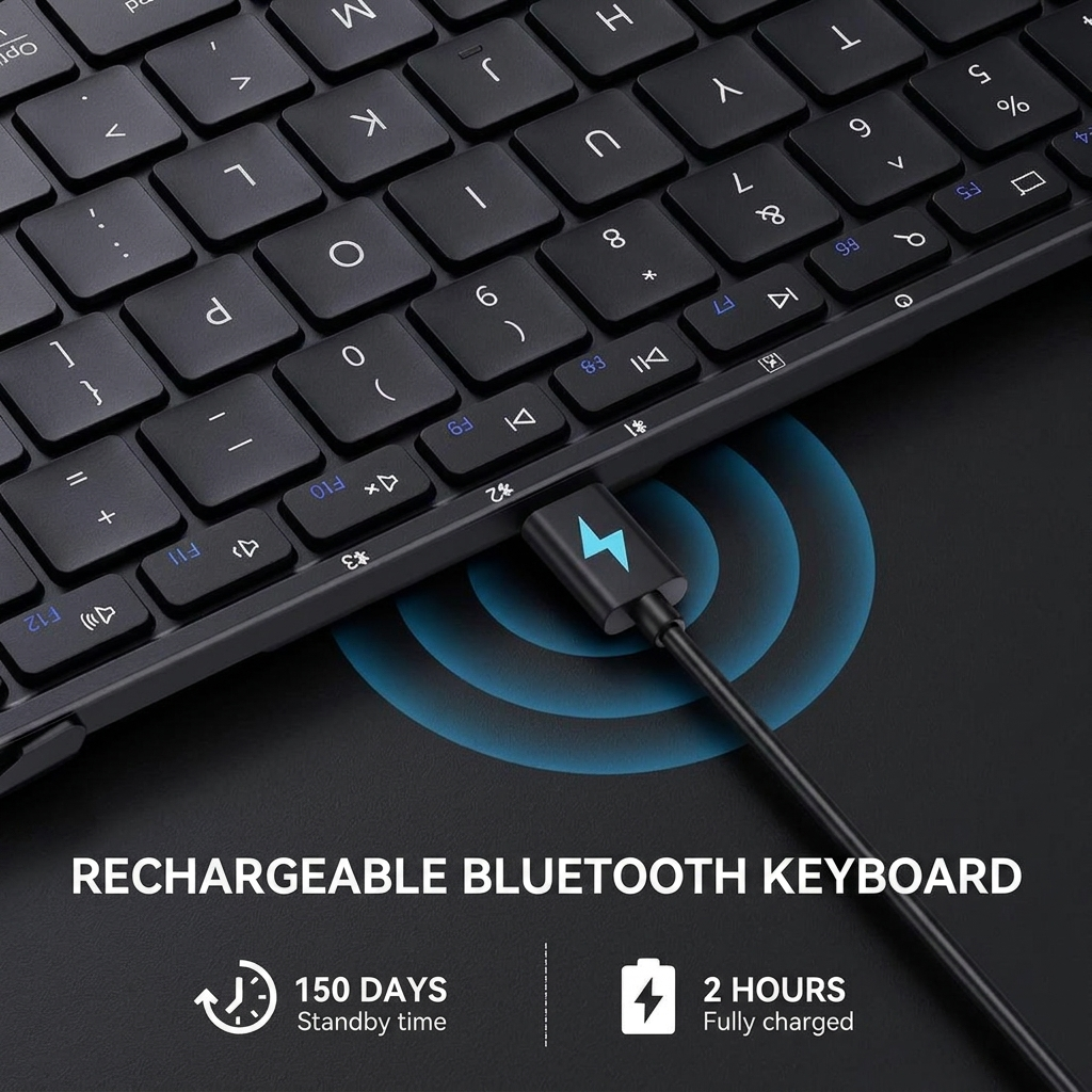 Clavier Bluetooth rechargeable avec un câble de charge connecté et des ondes bleues.