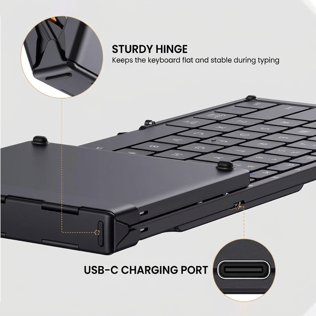 Un clavier noir pliable doté d'une charnière robuste et d'un port de charge USB-C.