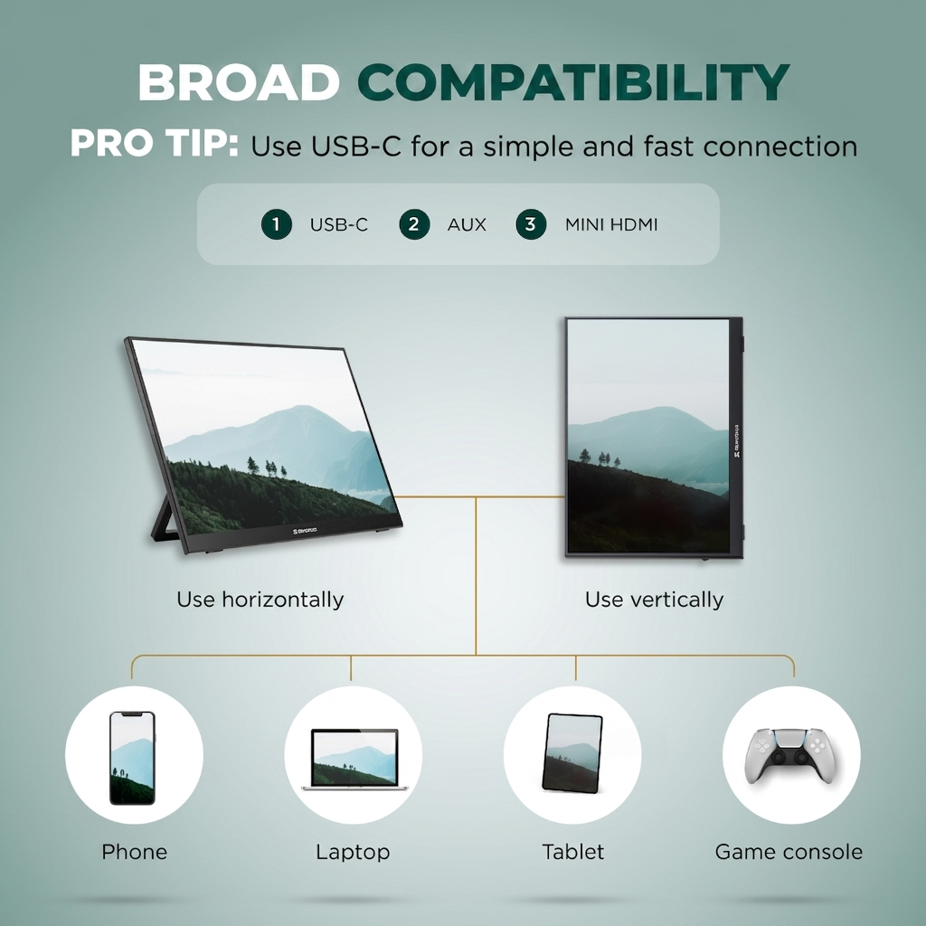 Una infografía que muestra un monitor portátil en horizontal o vertical, compatible con teléfonos, portátiles, tabletas y consolas.