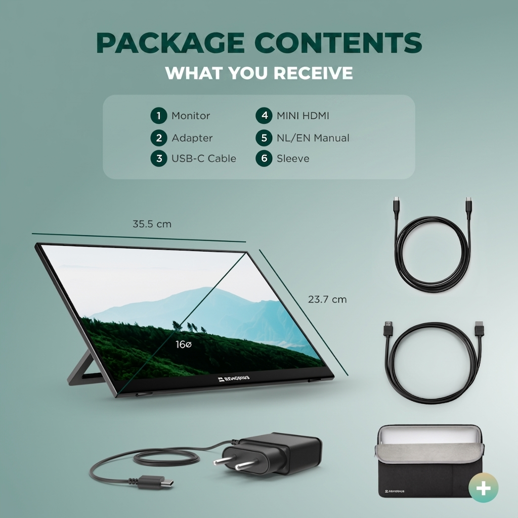 Contenido del paquete con monitor portátil, cables, adaptador, manual y funda sobre fondo verde.