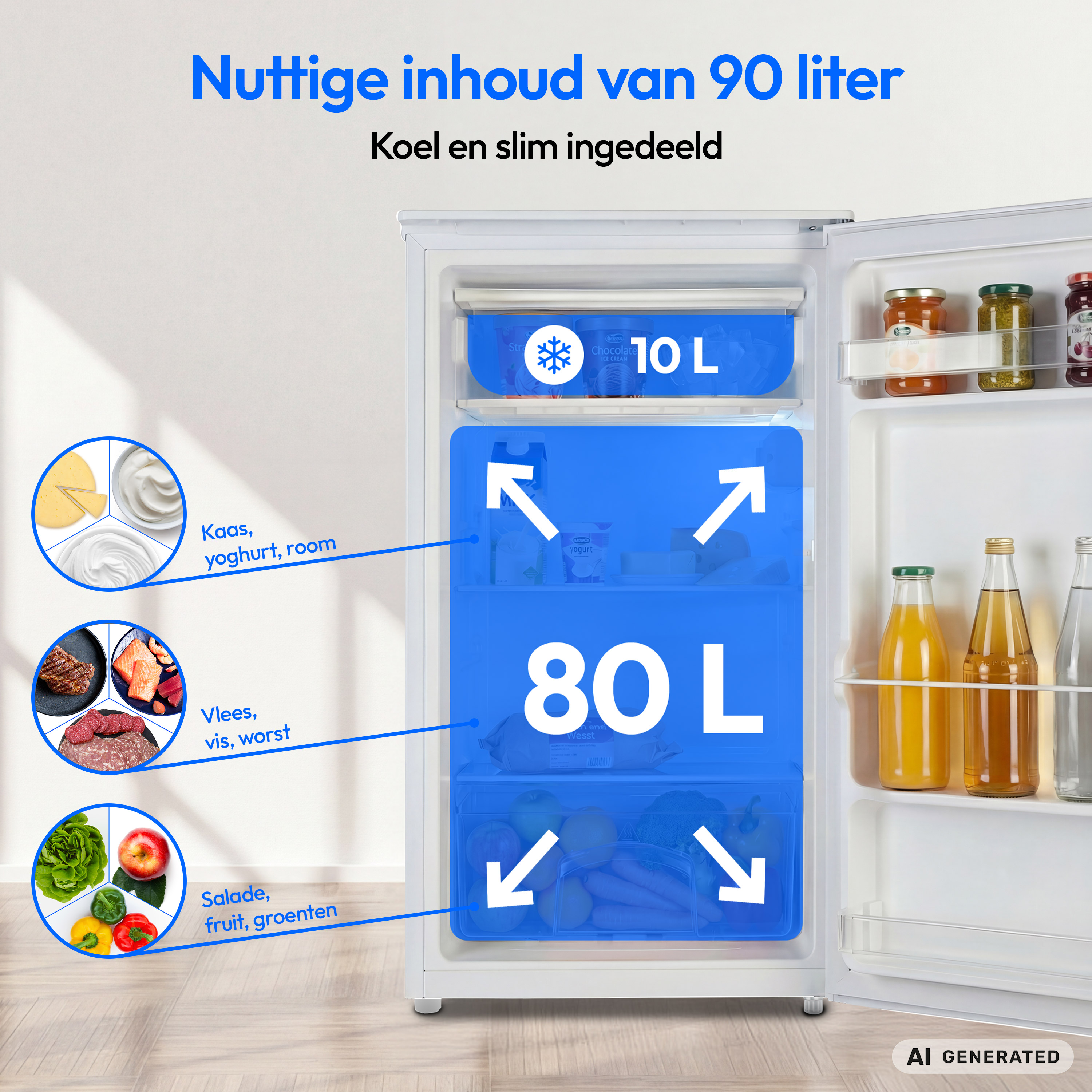 Offener weißer Kühlschrank mit blauen Kapazitätsgrafiken für 90 Liter Inhalt und Lebensmittelsymbolen.