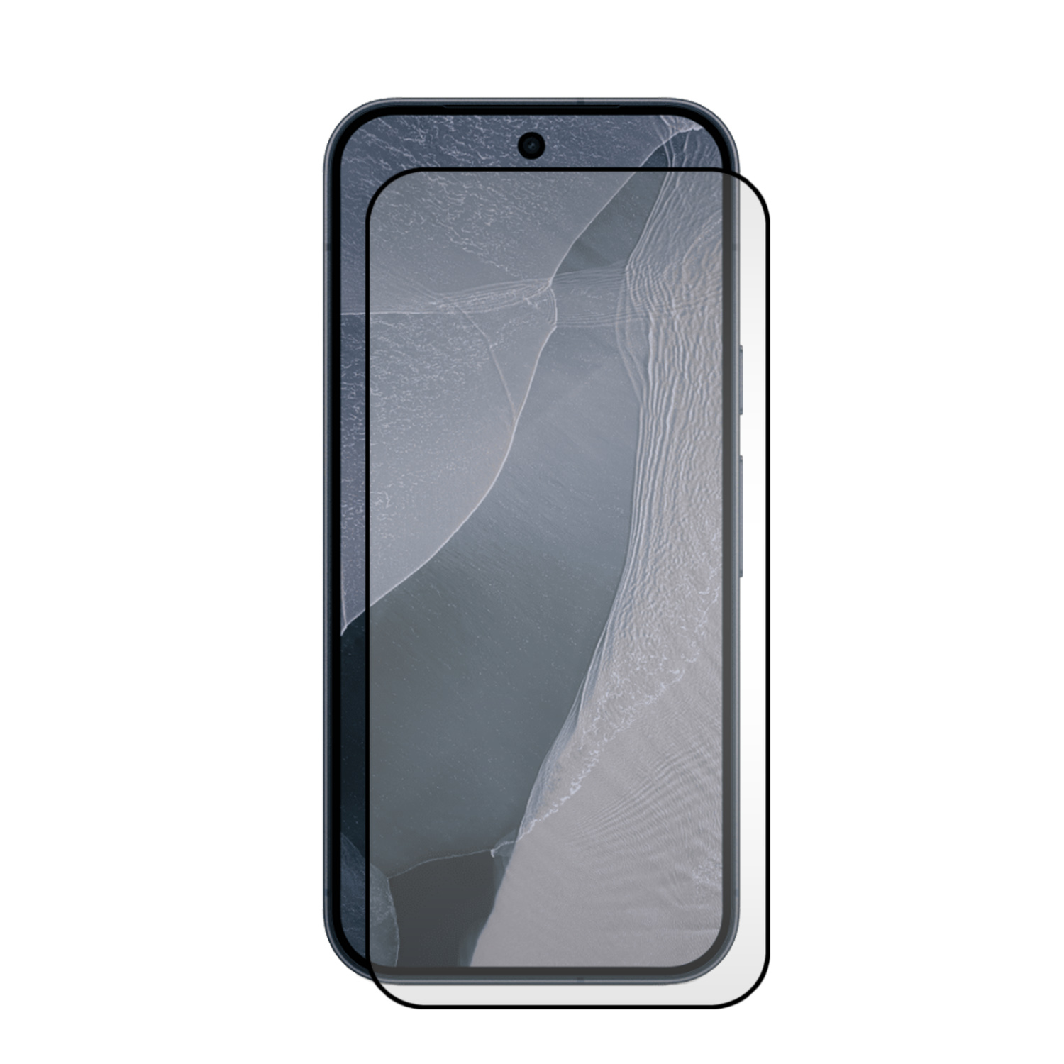 Een smartphone met een glazen schermoprotector op het display, met een abstracte grijze achtergrond.