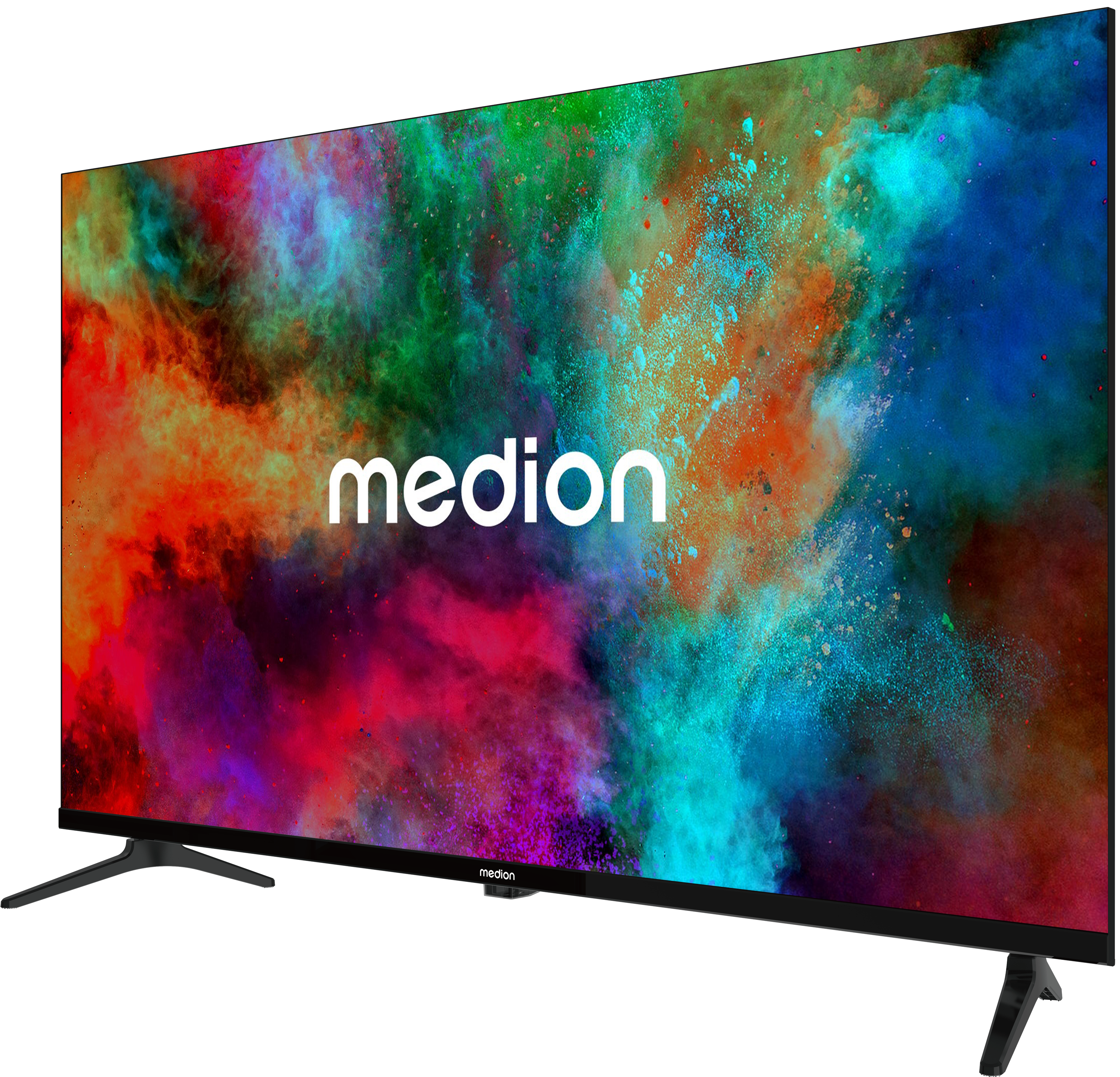 Medion-Fernseher mit dünnem Rahmen und bunten Farbexplosionen auf dem Bildschirm vor schwarzem Hintergrund.