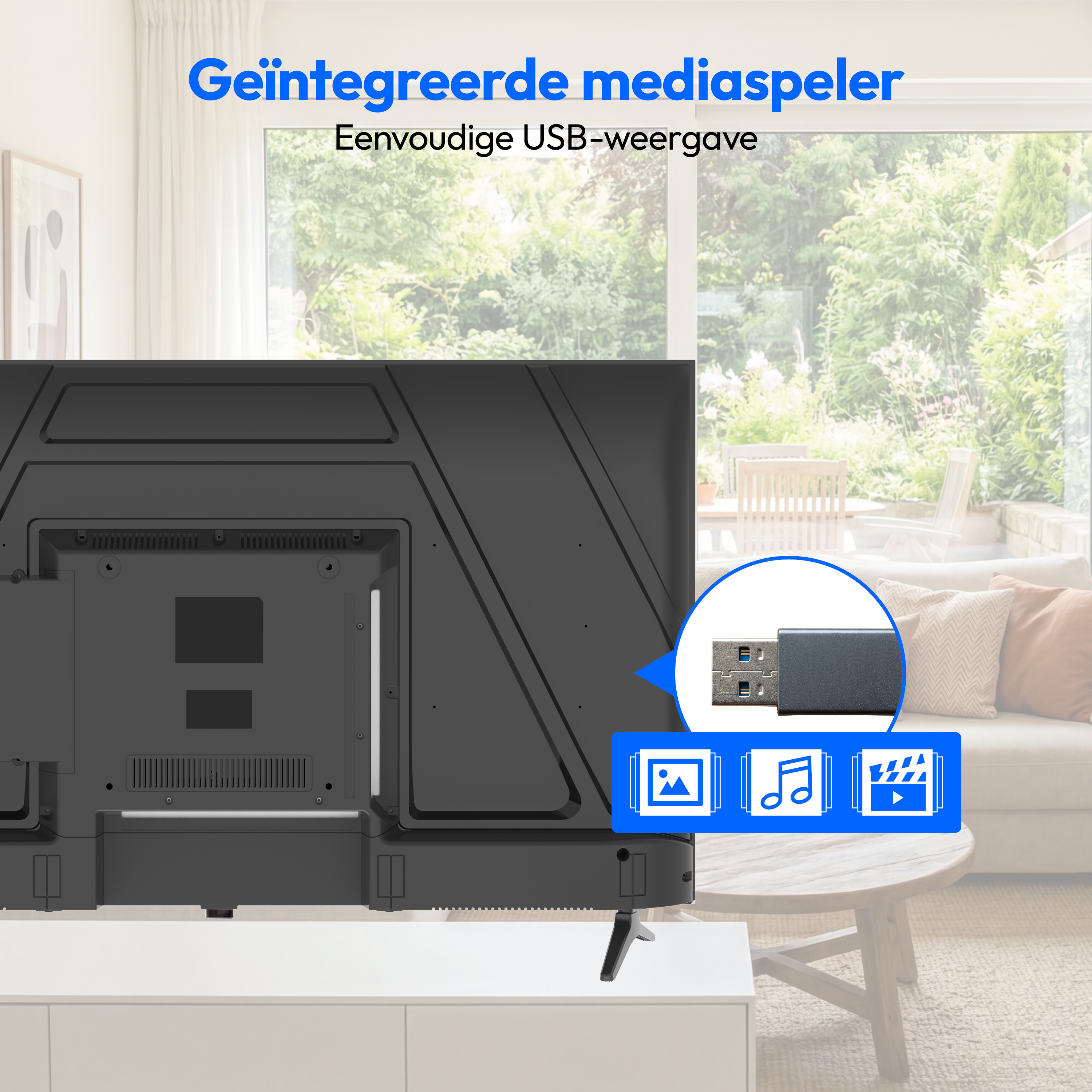 Rückseite eines Fernsehers, der USB-Medienwiedergabe für Fotos, Musik und Videos zeigt.