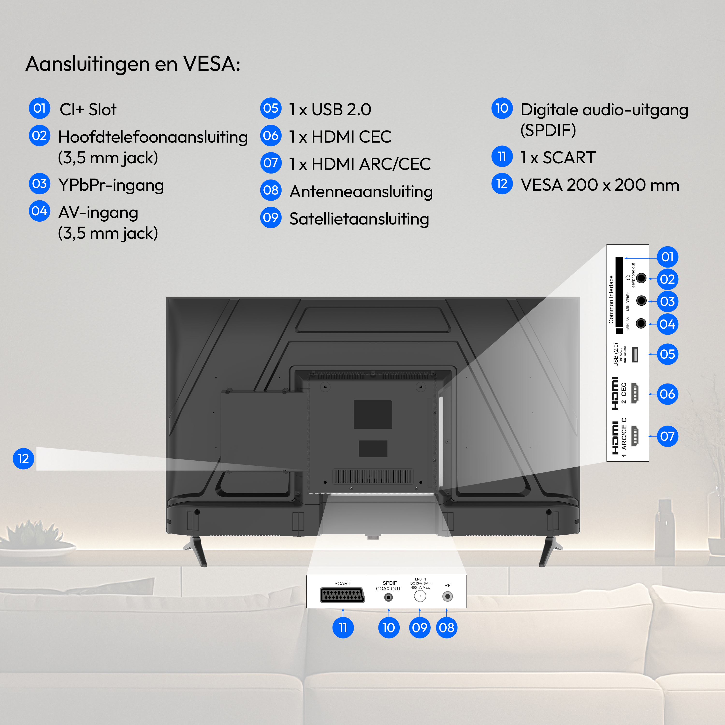 Diagramm der Anschlüsse und VESA-Halterung auf der Rückseite eines Fernsehers.