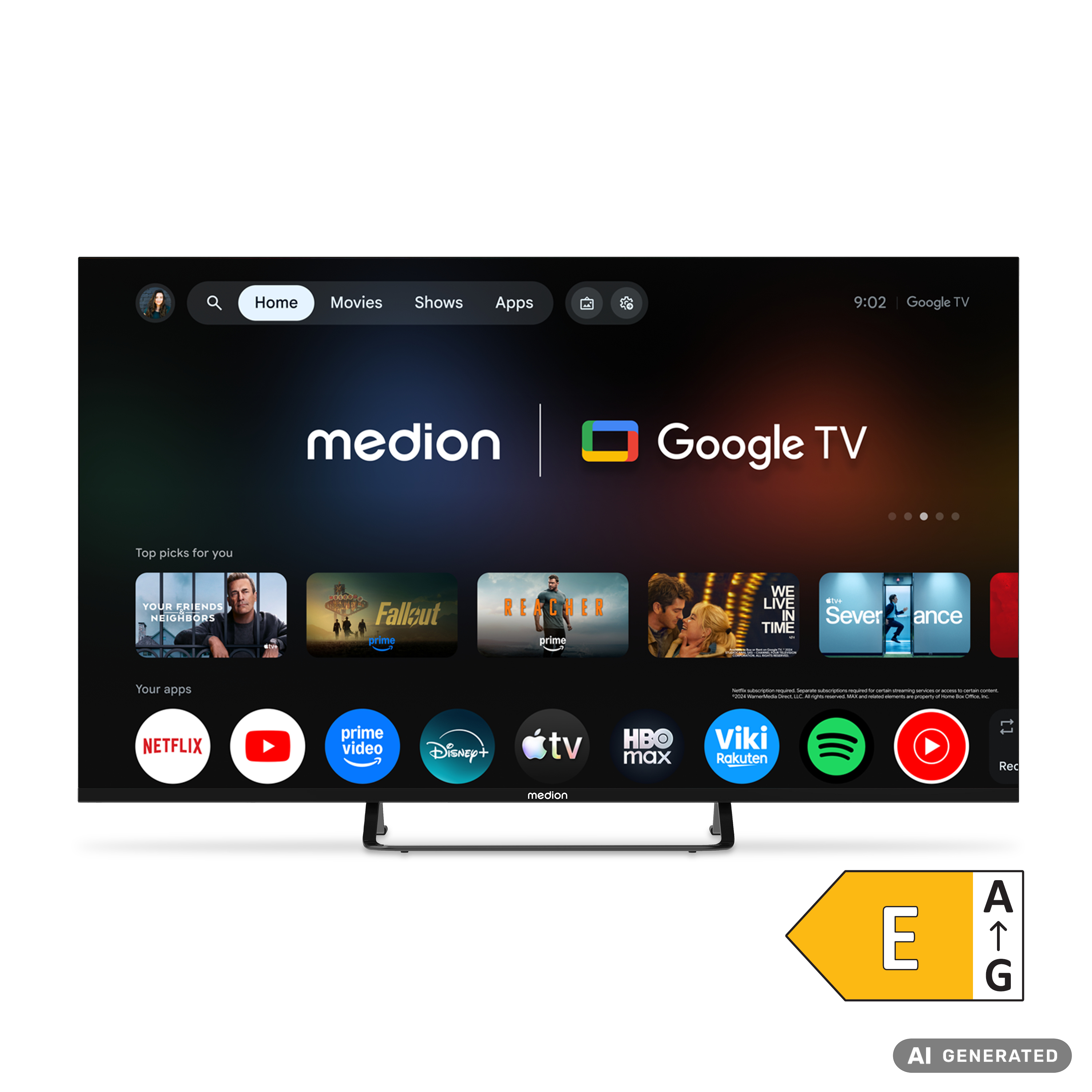 Medion Google TV Startseite mit App-Logos und Mediathek-Empfehlungen auf dem Bildschirm.