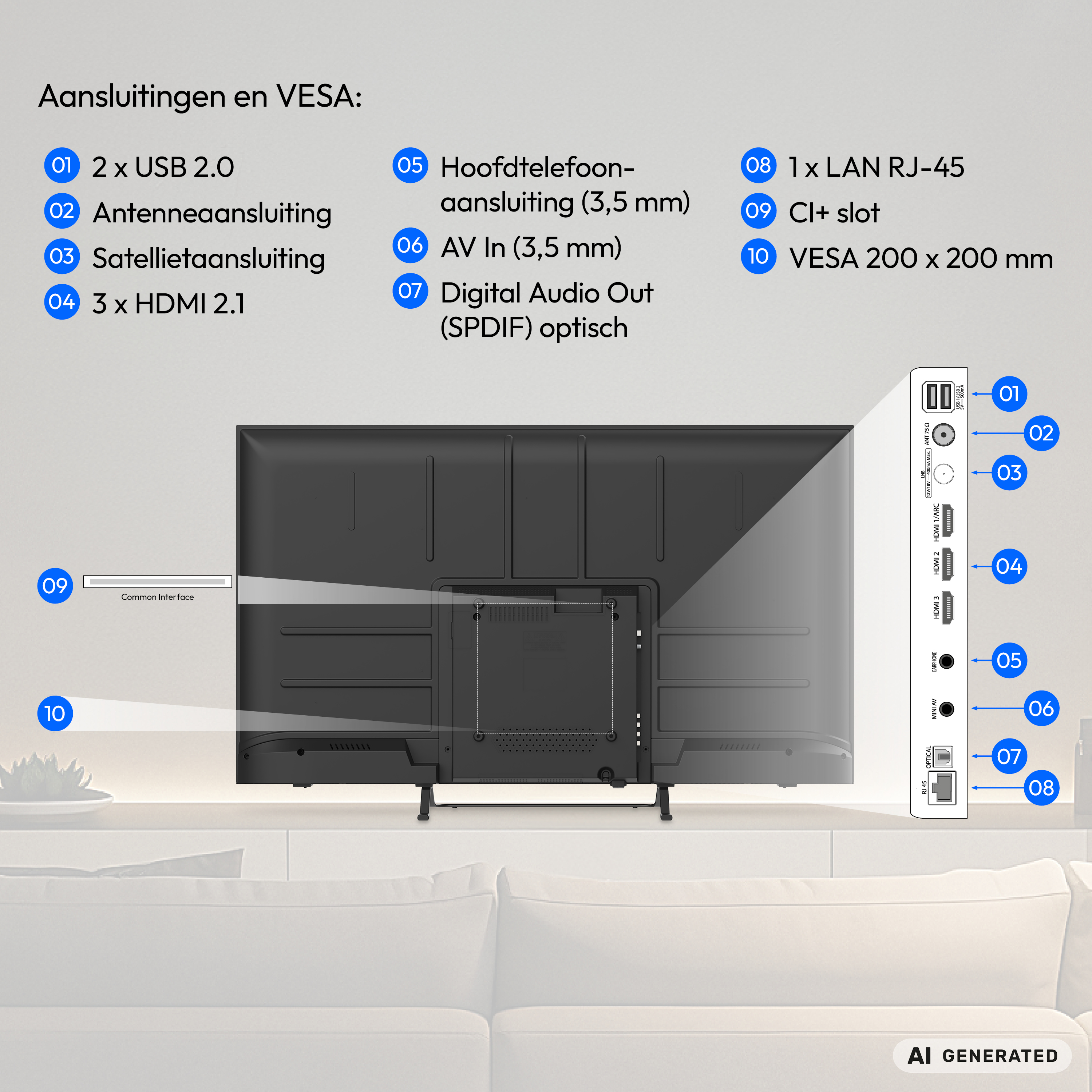 Diagramm der Fernsehrückseite und Anschlüsse mit nummerierten Beschriftungen.