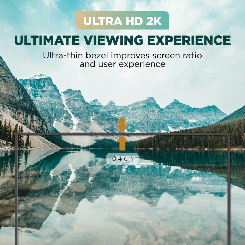 Ultra HD 2K Anzeige zeigt eine Berglandschaft mit See und Text über dünne Ränder.