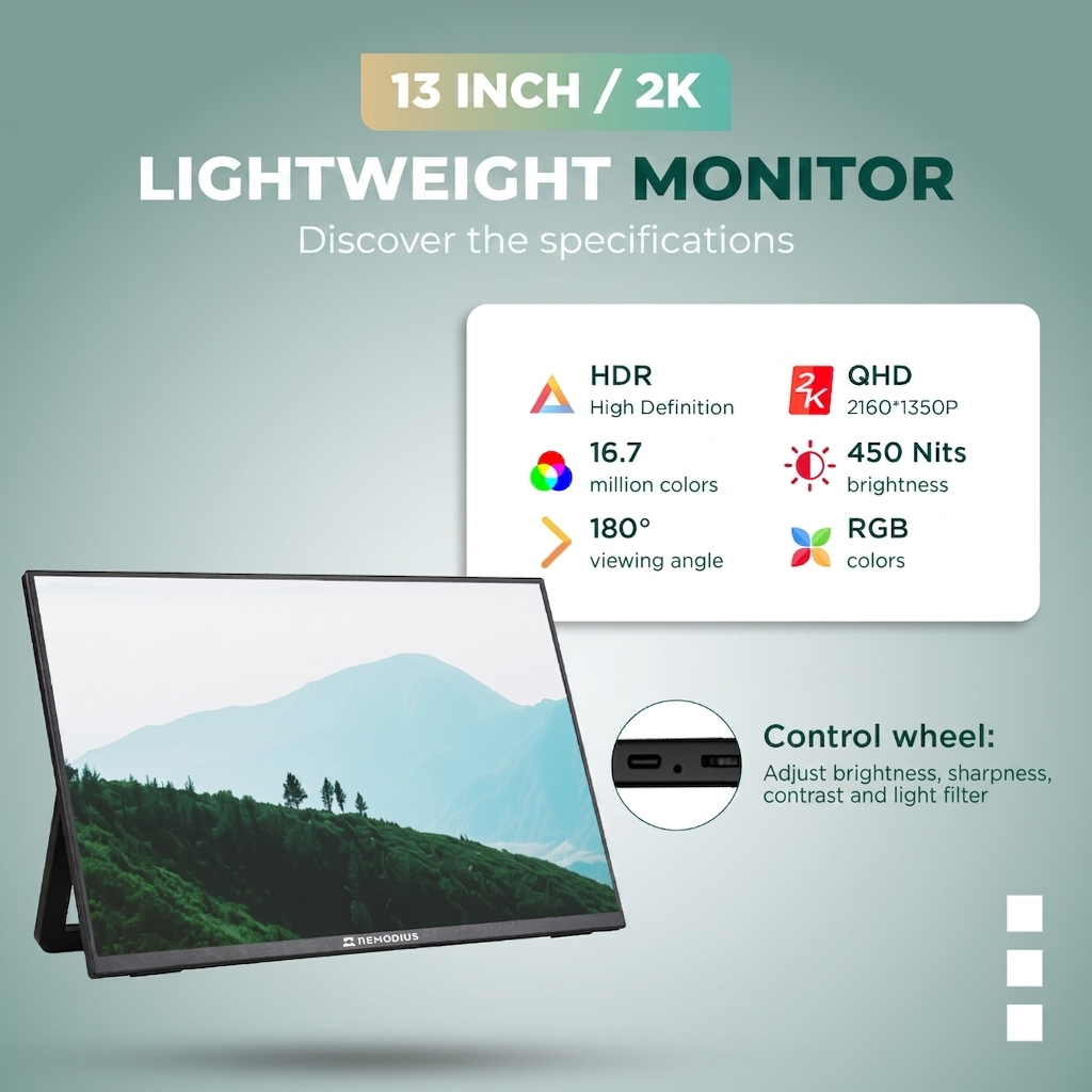 13-Zoll-2K-Leichtgewichtsmonitor mit technischen Daten, Berglandschaft auf dem Bildschirm und Steuerrad.