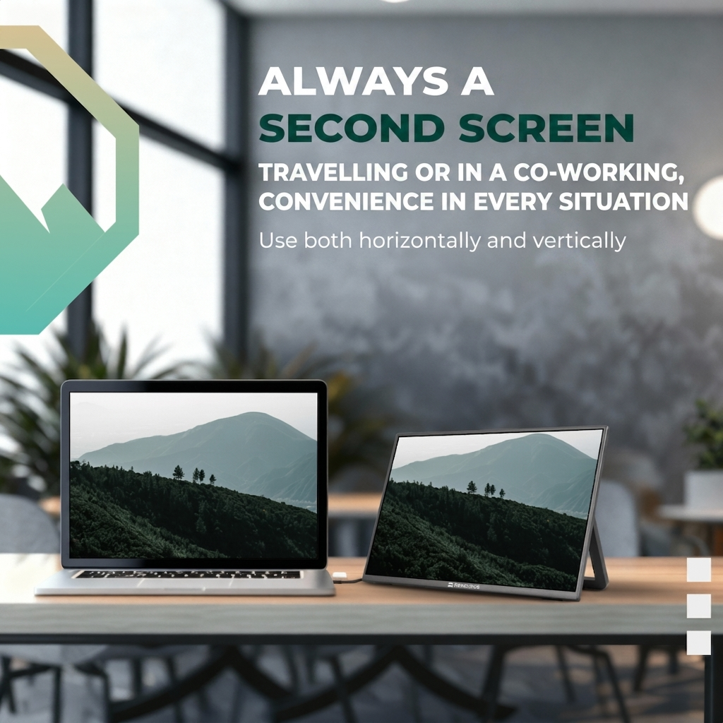 Ein Laptop und ein tragbarer Zweitbildschirm auf einem Holztisch mit Natur-Hintergrundbild.