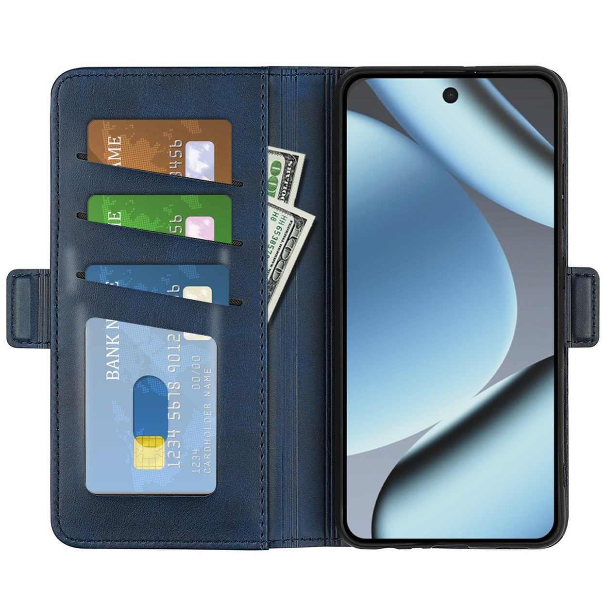 Eine blaue Leder-Handytasche hält vier bunte Kreditkarten und Papiergeld neben einem Telefon.