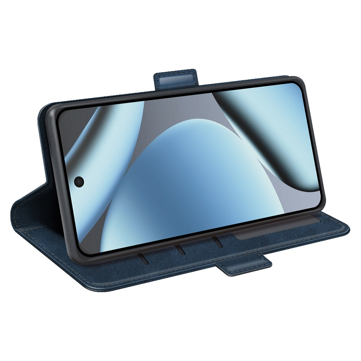 Ein Smartphone in einer dunkelblauen Lederhülle steht auf einer weißen Oberfläche.