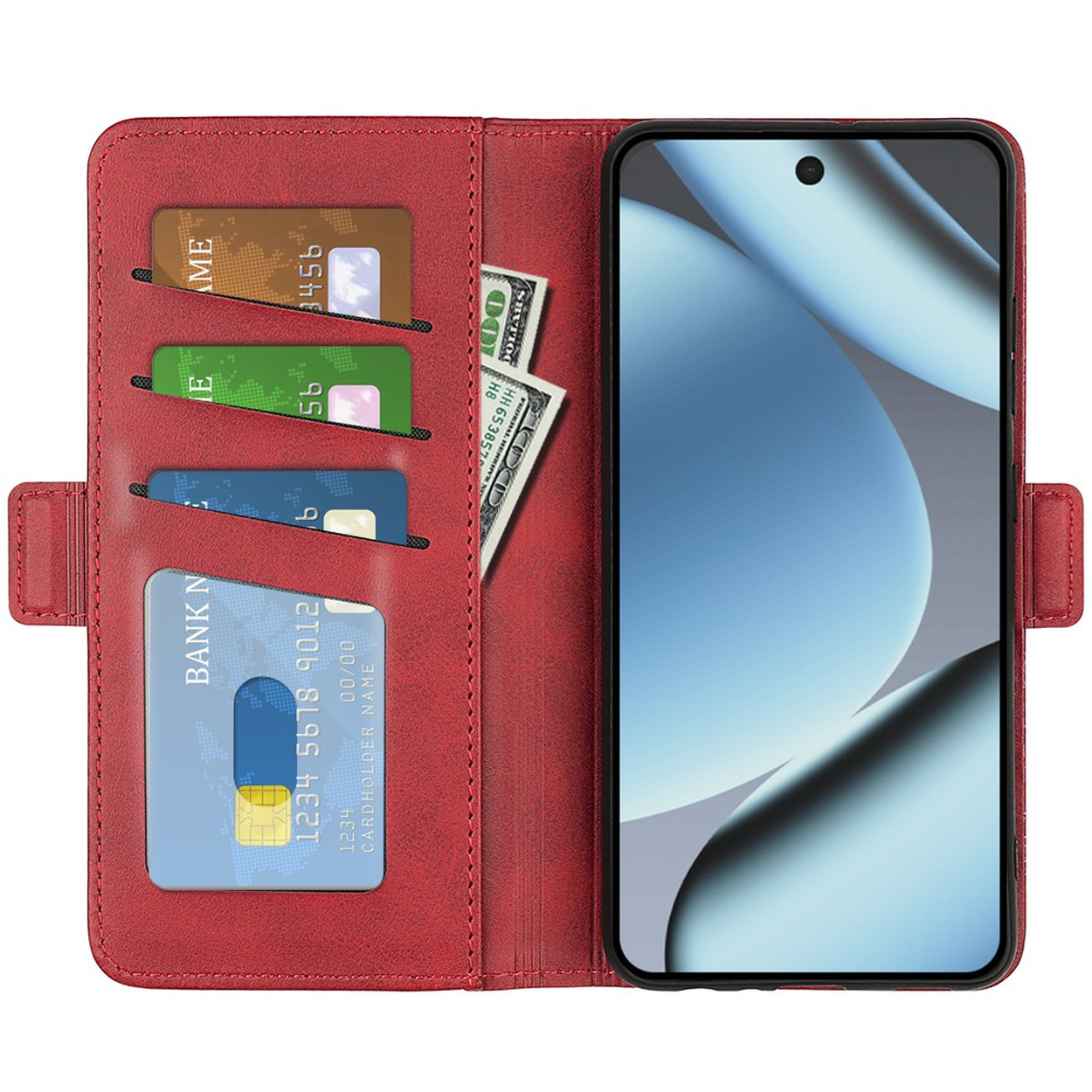 Ein rotes Leder-Flipcase mit mehreren Kartenfächern, Geldscheinen und einem Smartphone mit blauem Bildschirm.