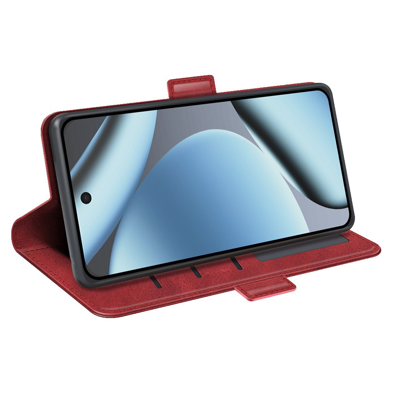 Ein Smartphone steht quer in einer roten Ledertasche mit integrierten Kartenfächern vor weißem Hintergrund.