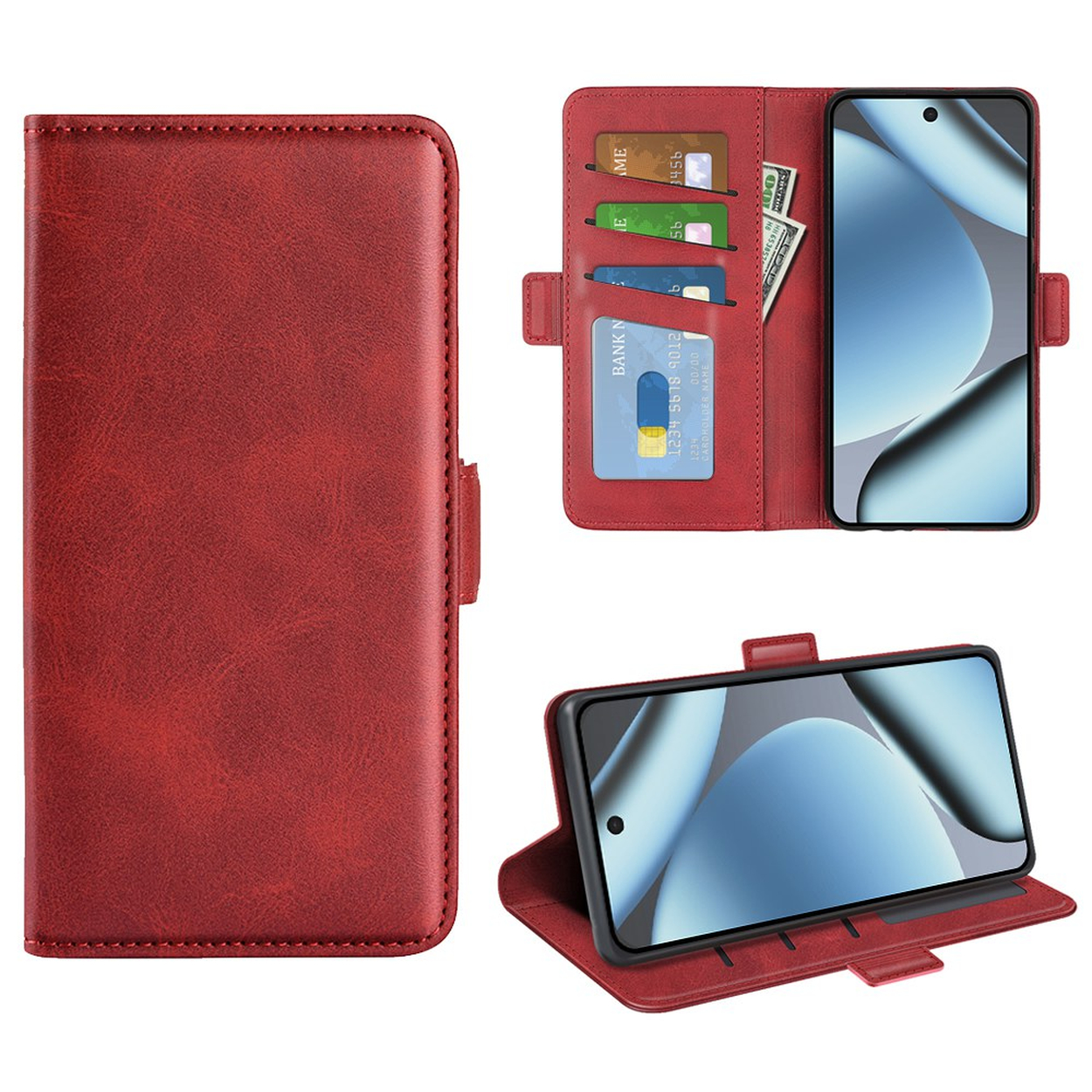 Rote Leder-Handyhülle mit Kartenfächern und integriertem Ständer für das Smartphone.
