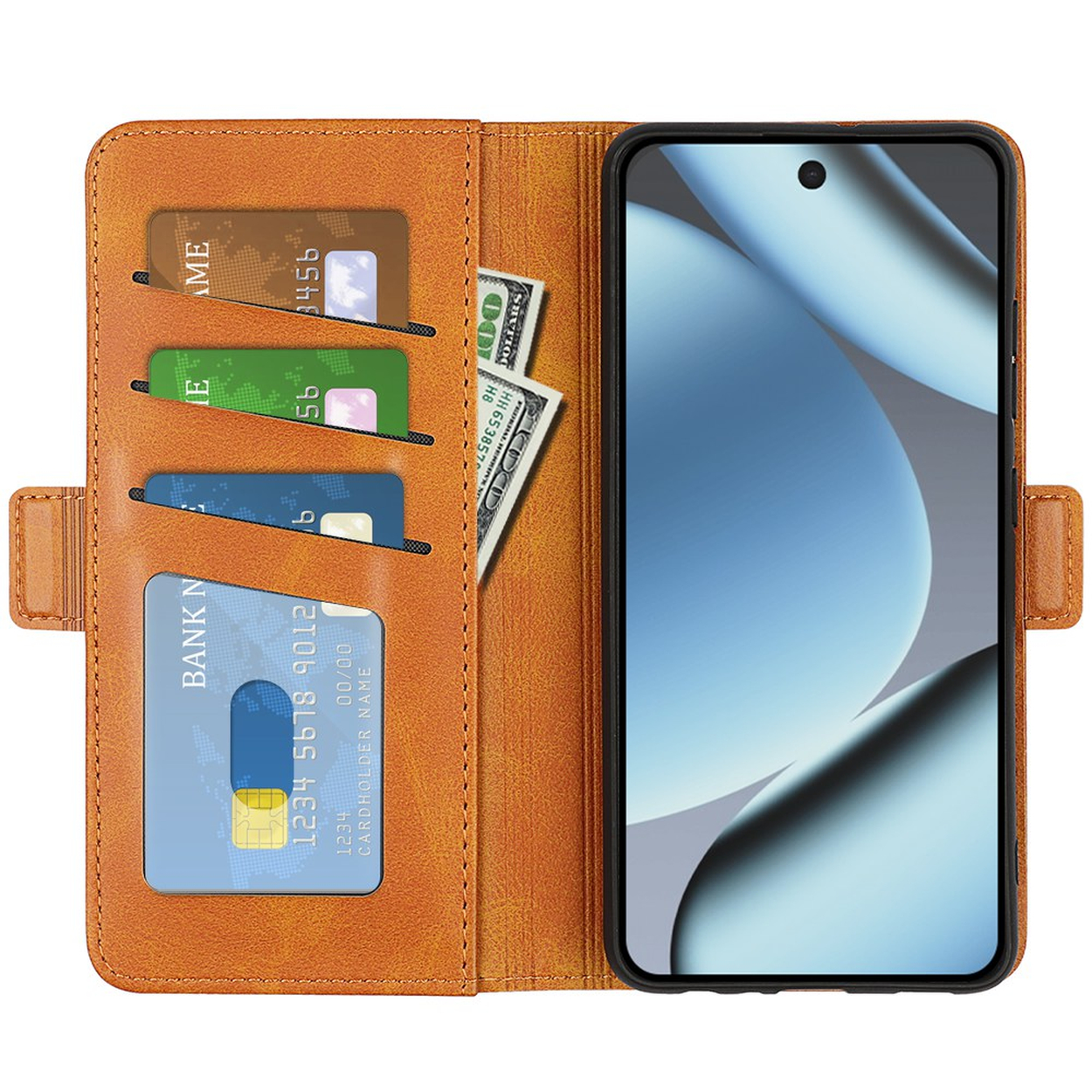Braune Leder-Handyhülle mit Kreditkartenfächern und Bargeldtasche, geöffnet und ein Smartphone zeigend.