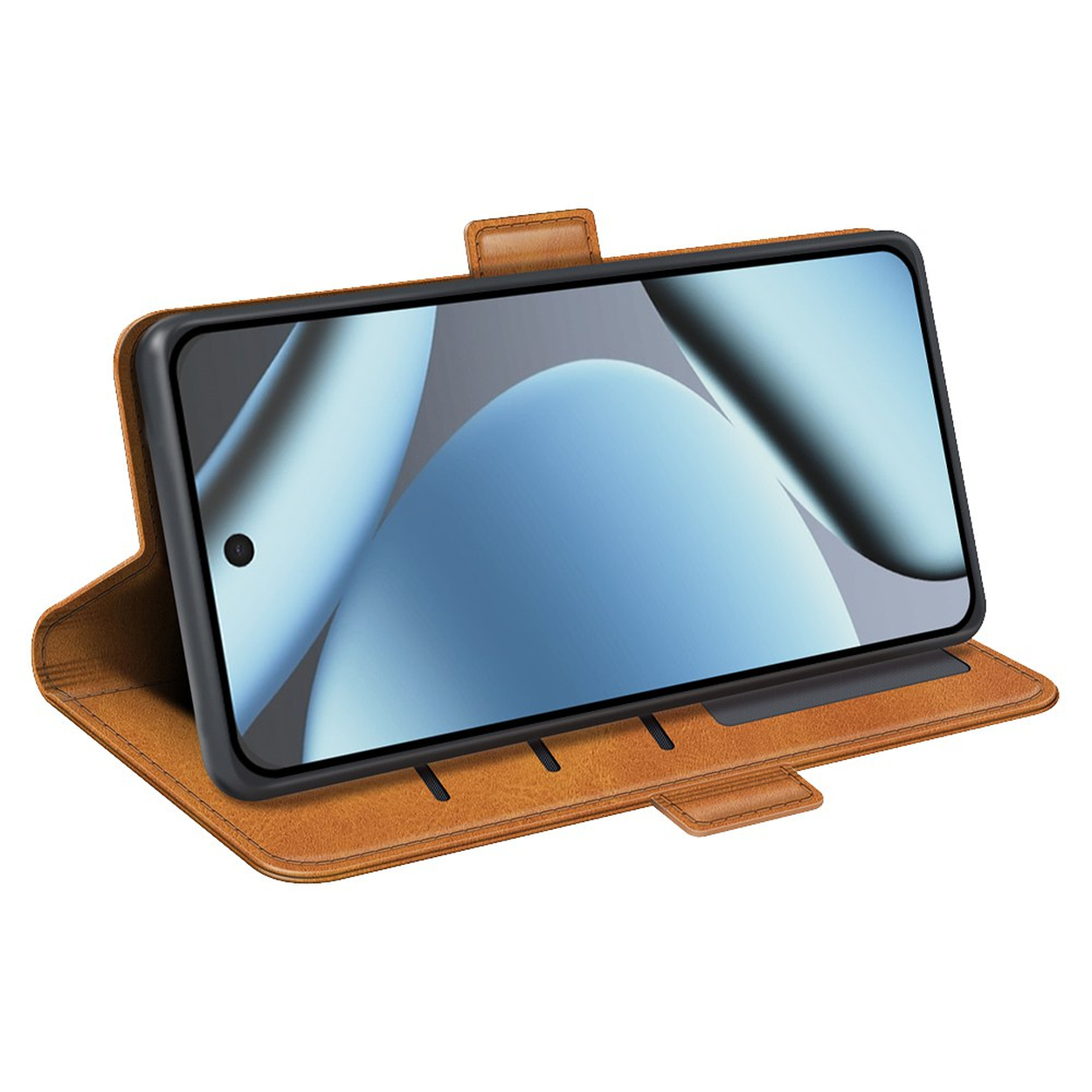 Ein Smartphone mit blauem Bildschirm steht quer in einer braunen Lederklapphülle auf weißem Hintergrund.