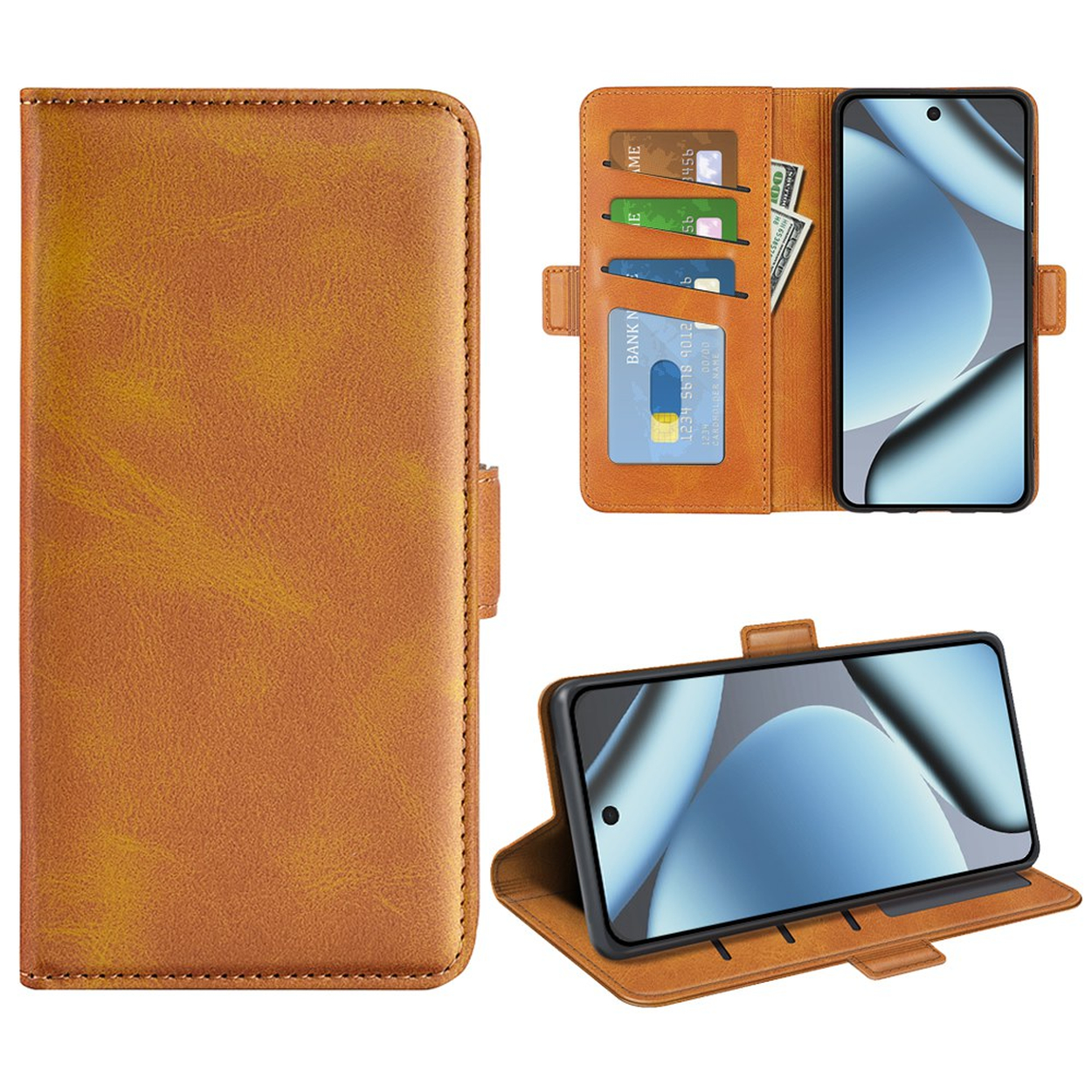 Braune Leder-Smartphone-Hülle mit Kartenfächern, Bargeldfächern und integrierter Standfunktion.