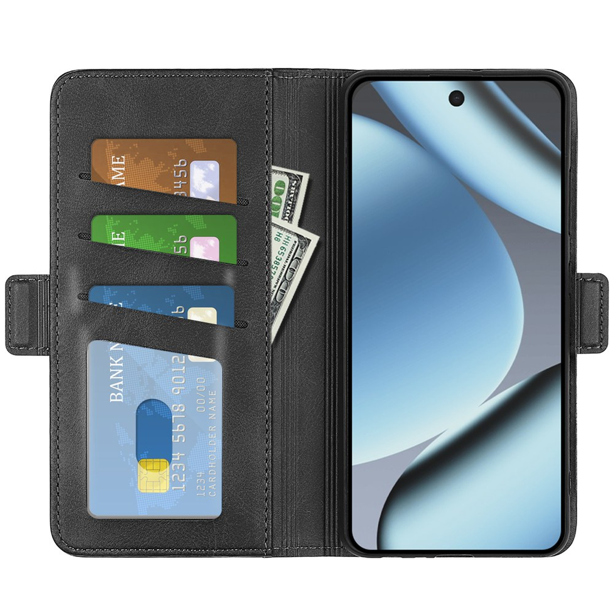 Schwarze Leder-Handyhülle mit Kartenfächern, in denen sich Kreditkarten und US-Dollar befinden, und Smartphone auf der rechten Seite.