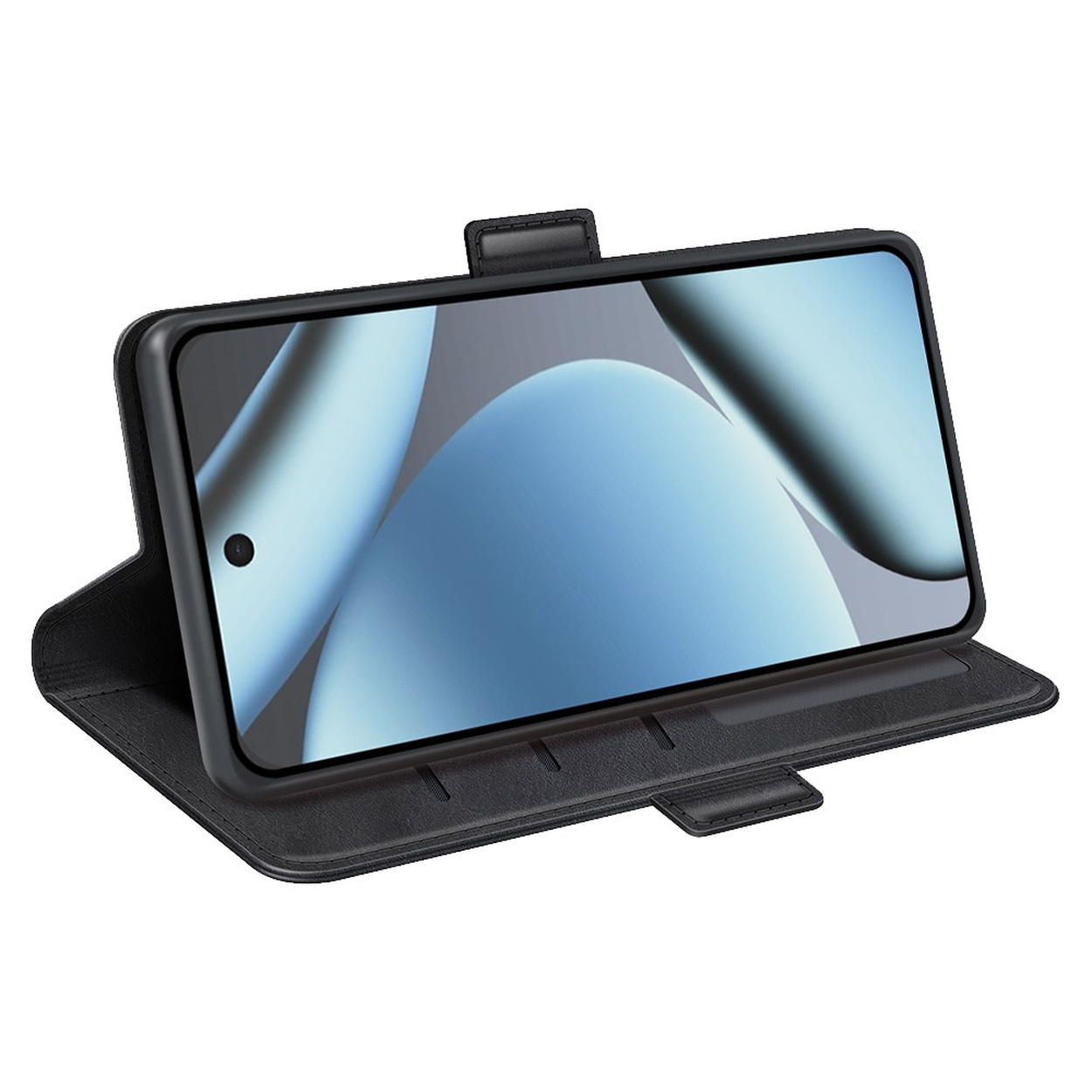 Eine schwarze Leder-Klapphülle hält ein Smartphone mit blauem abstrakten Hintergrundbild.
