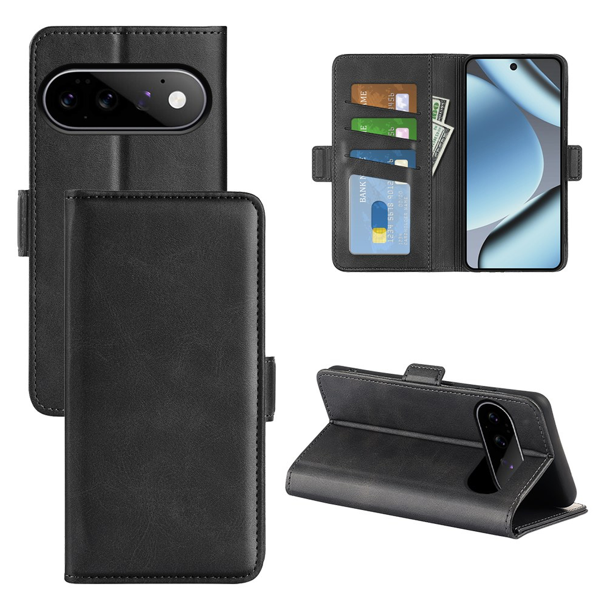 Eine schwarze Smartphone-Ledertasche mit Kartenfächern, Vorder-, Rückseite und gefalteter Standposition.