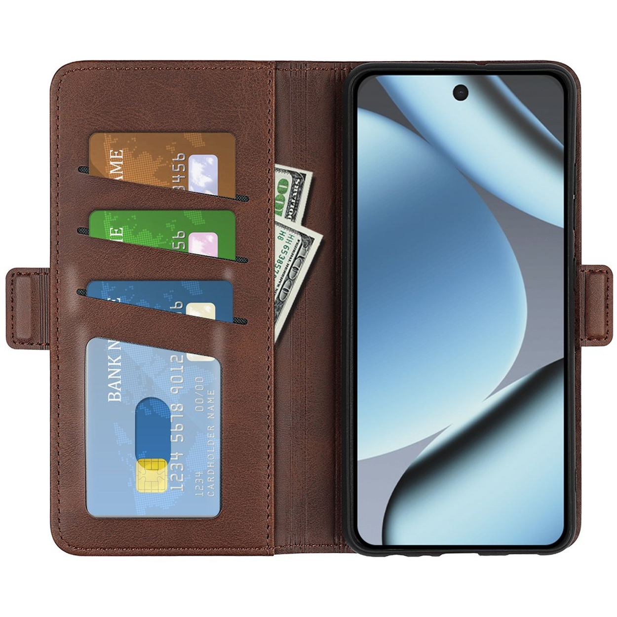 Braune Lederhülle mit vier Kartenfächern voller Kreditkarten und US-Dollar-Scheinen, daneben ein Smartphone.