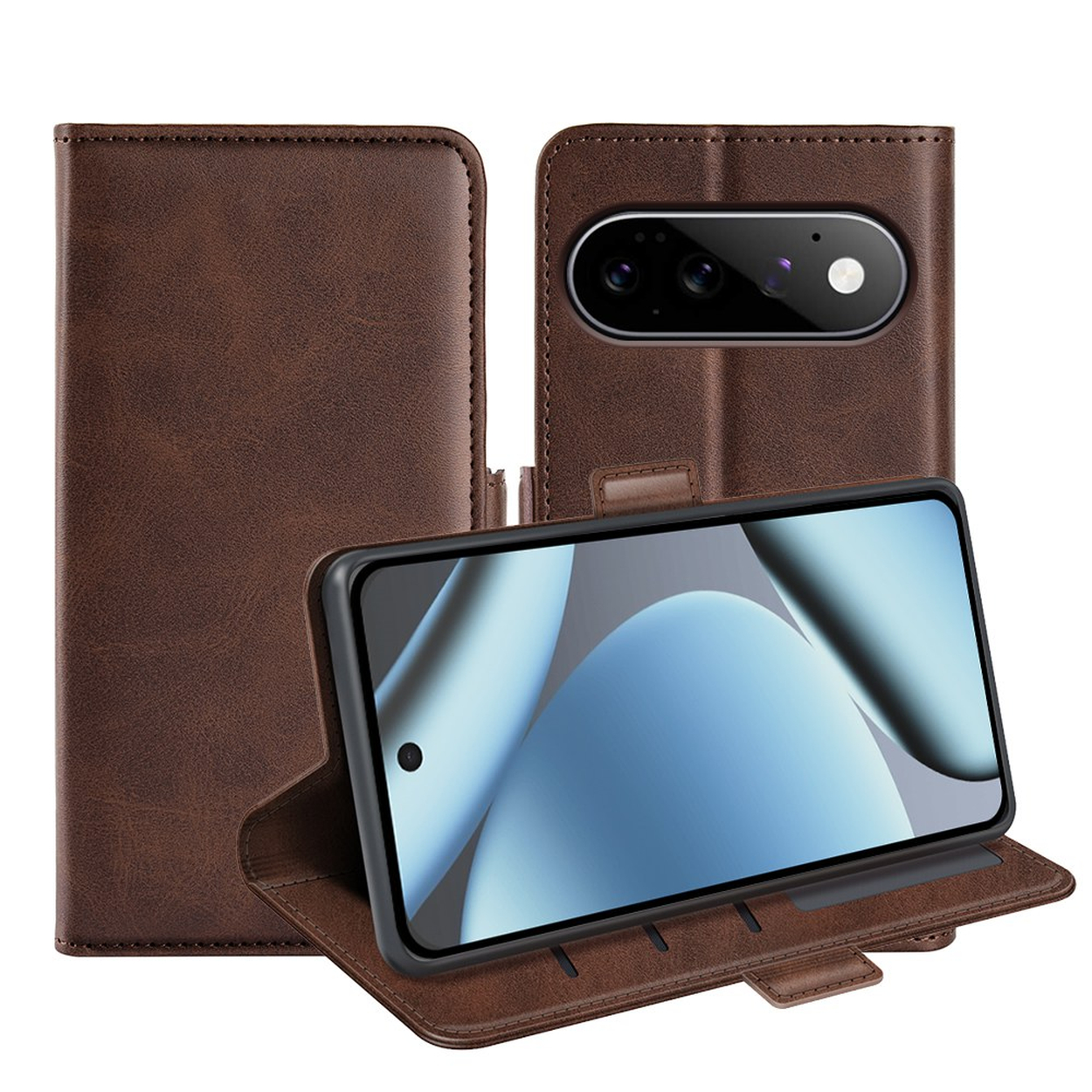 Braune Leder-Klapphülle für Smartphone mit sichtbarem Bildschirm und Kameras.