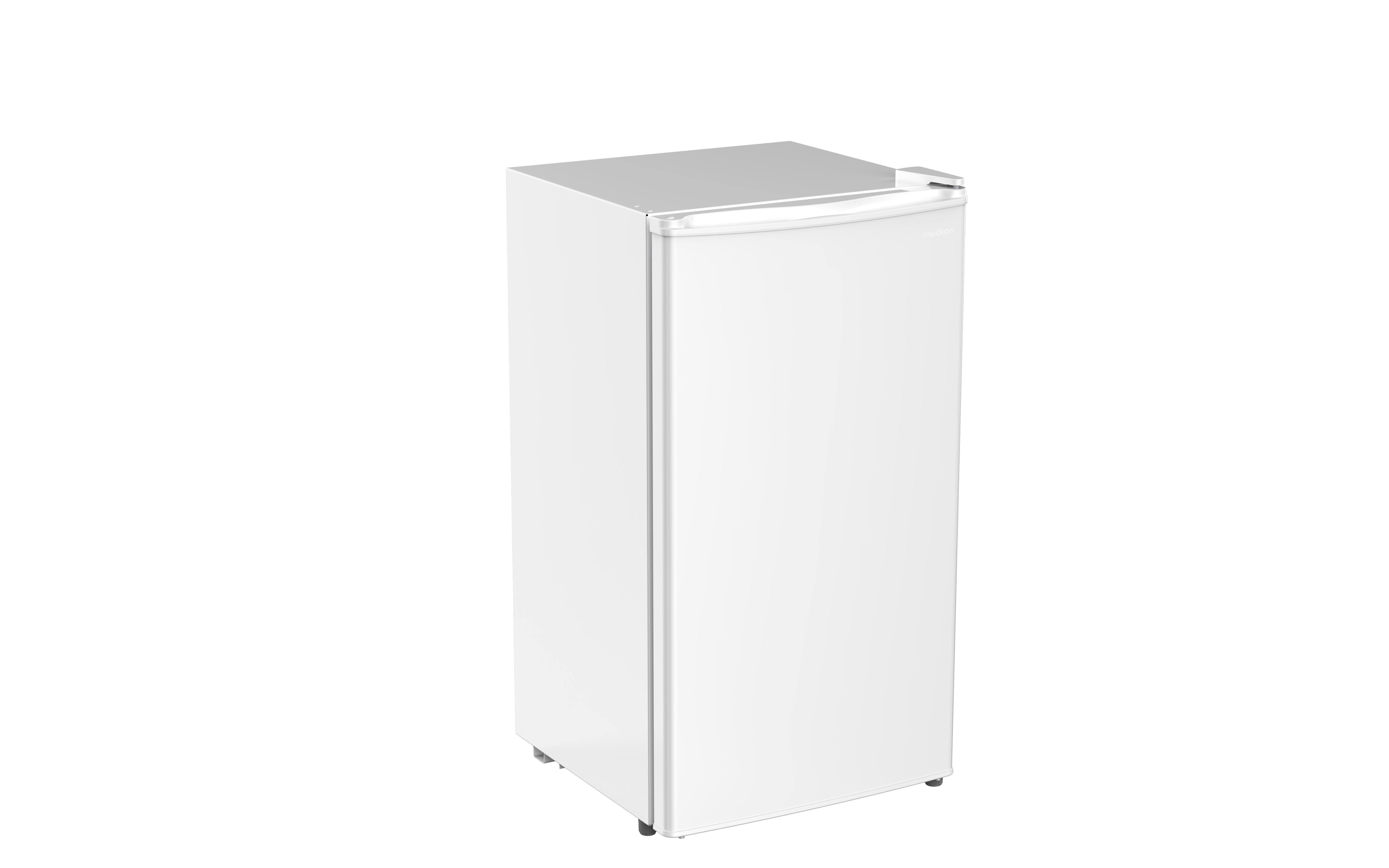 Ein kompakter, weißer Kühlschrank auf einem schwarzen Hintergrund.