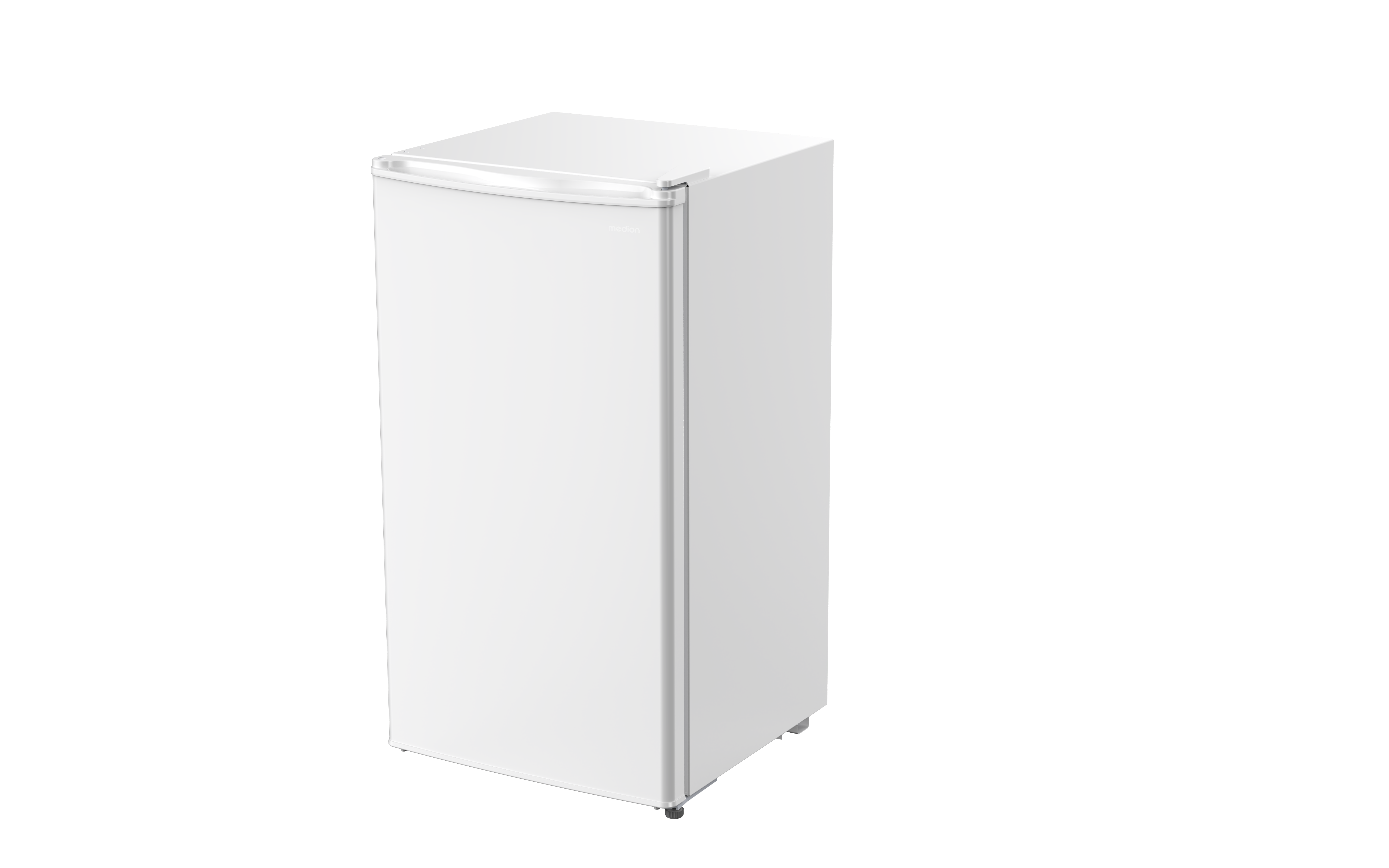 Ein kompakter weißer Ein kühlschrank mit oberem Griff vor schwarzem Hintergrund.