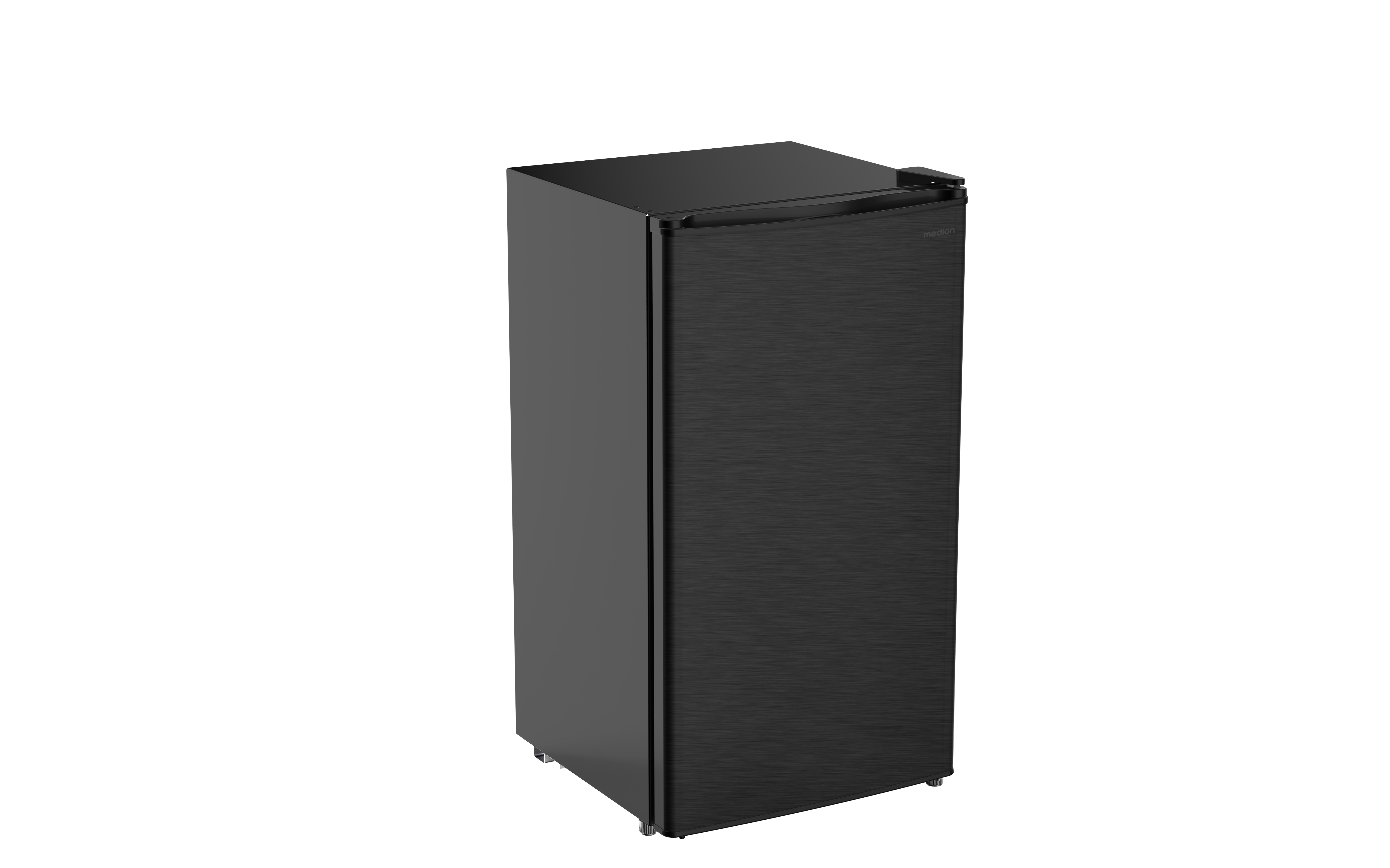 Ein kompakter, eleganter schwarzer Kühlschrank vor schwarzem Hintergrund.