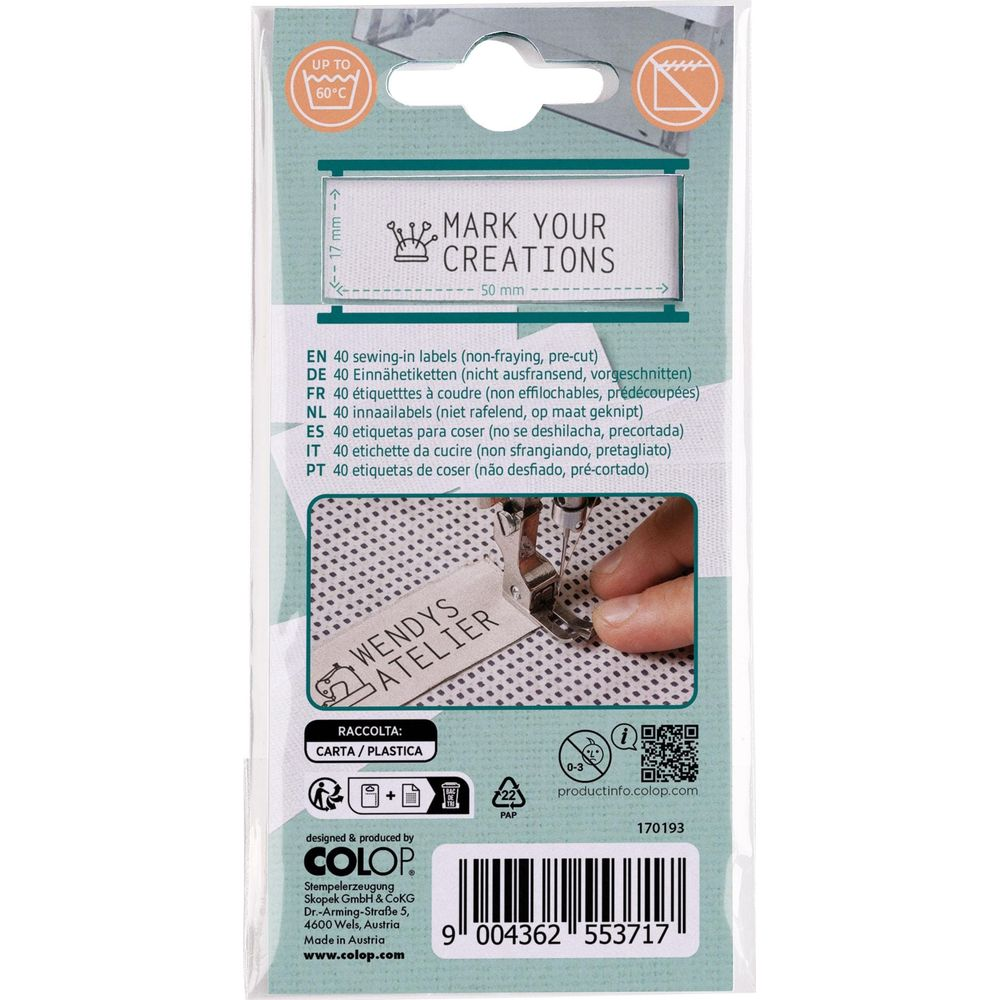 Verpackung von 40 Nähetiketten mit Anleitung und Strichcode.
