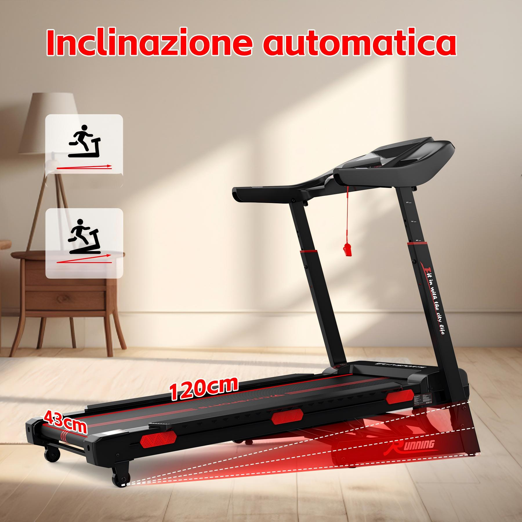 Un tapis roulant nero e rosso con inclinazione automatica si trova in una stanza con lampada e pavimento in legno.