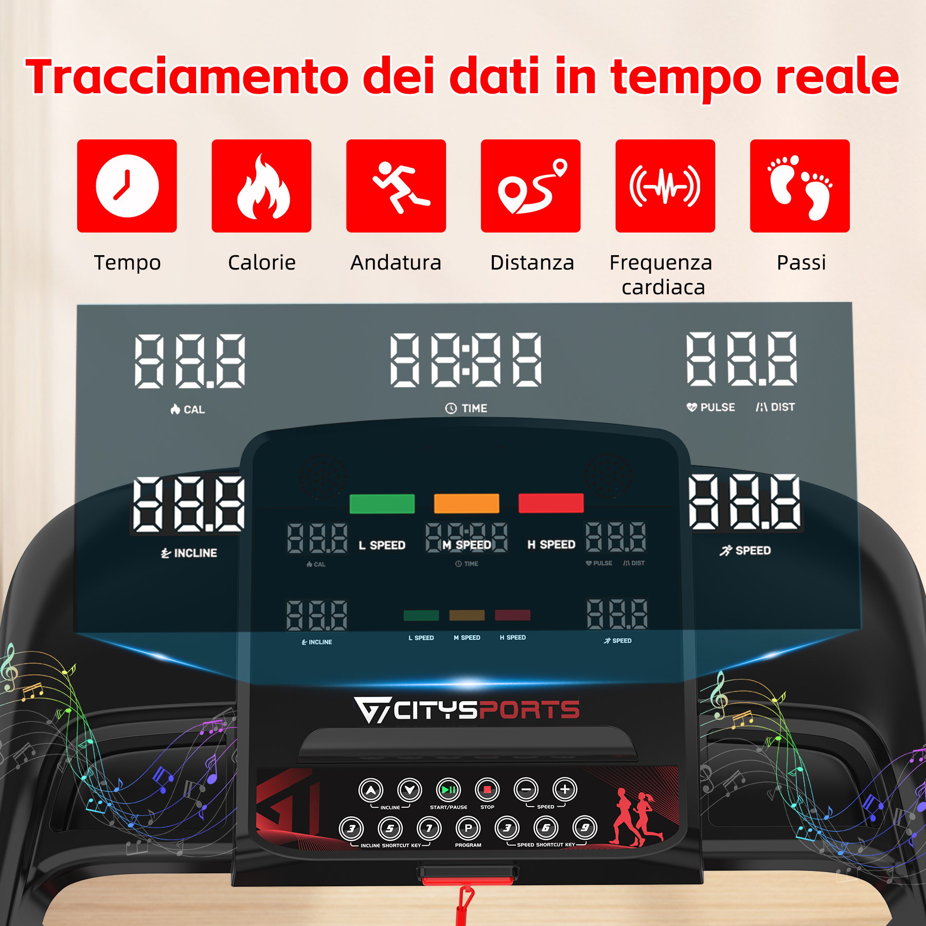 Tapis Roulant CITYSPORTS Inclinazione regolabile 1-15 km/h Pieghevole APP