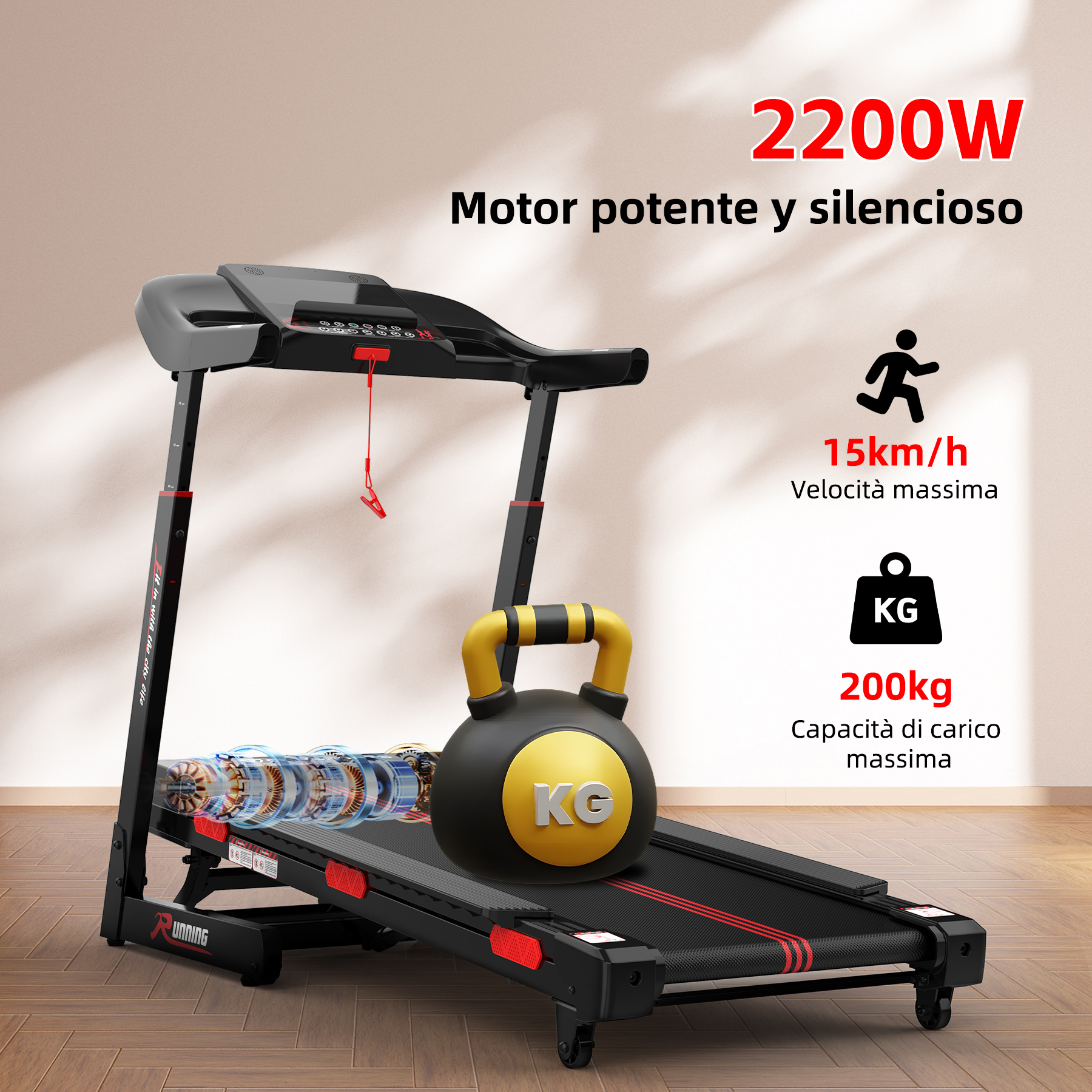 Un tapis roulant nero su pavimento in legno con un kettlebell giallo e caratteristiche di testo.