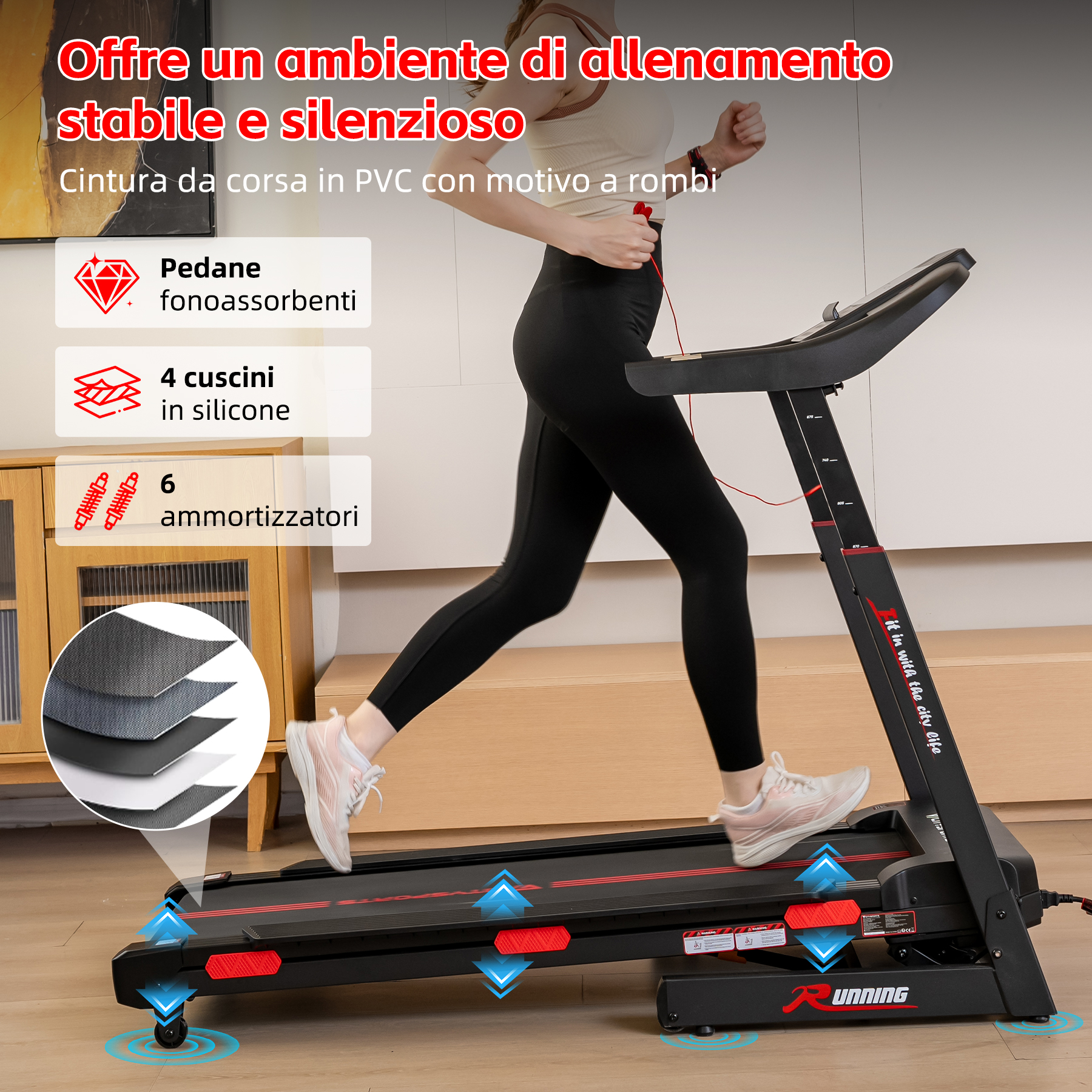 Una donna corre su un tapis roulant nero. Testo e infografiche in sovraimpressione.