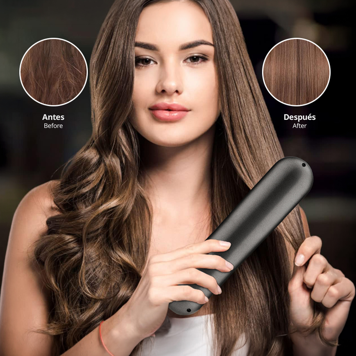 Una mujer sostiene una plancha de pelo negra. Dos círculos muestran cabello encrespado antes y liso después.