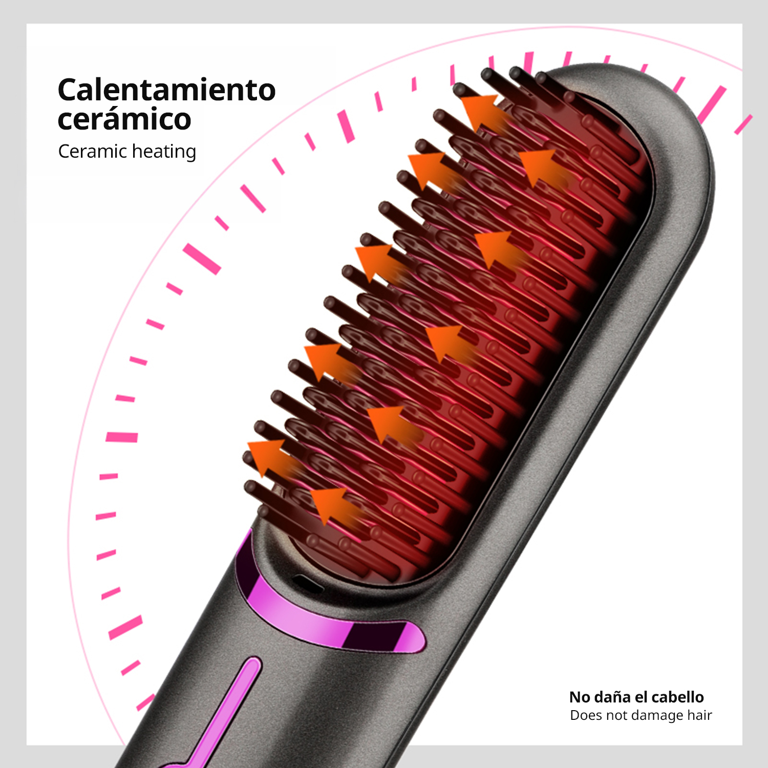 Cepillo alisador de pelo con cerdas rojas brillantes y flechas naranjas de calor.