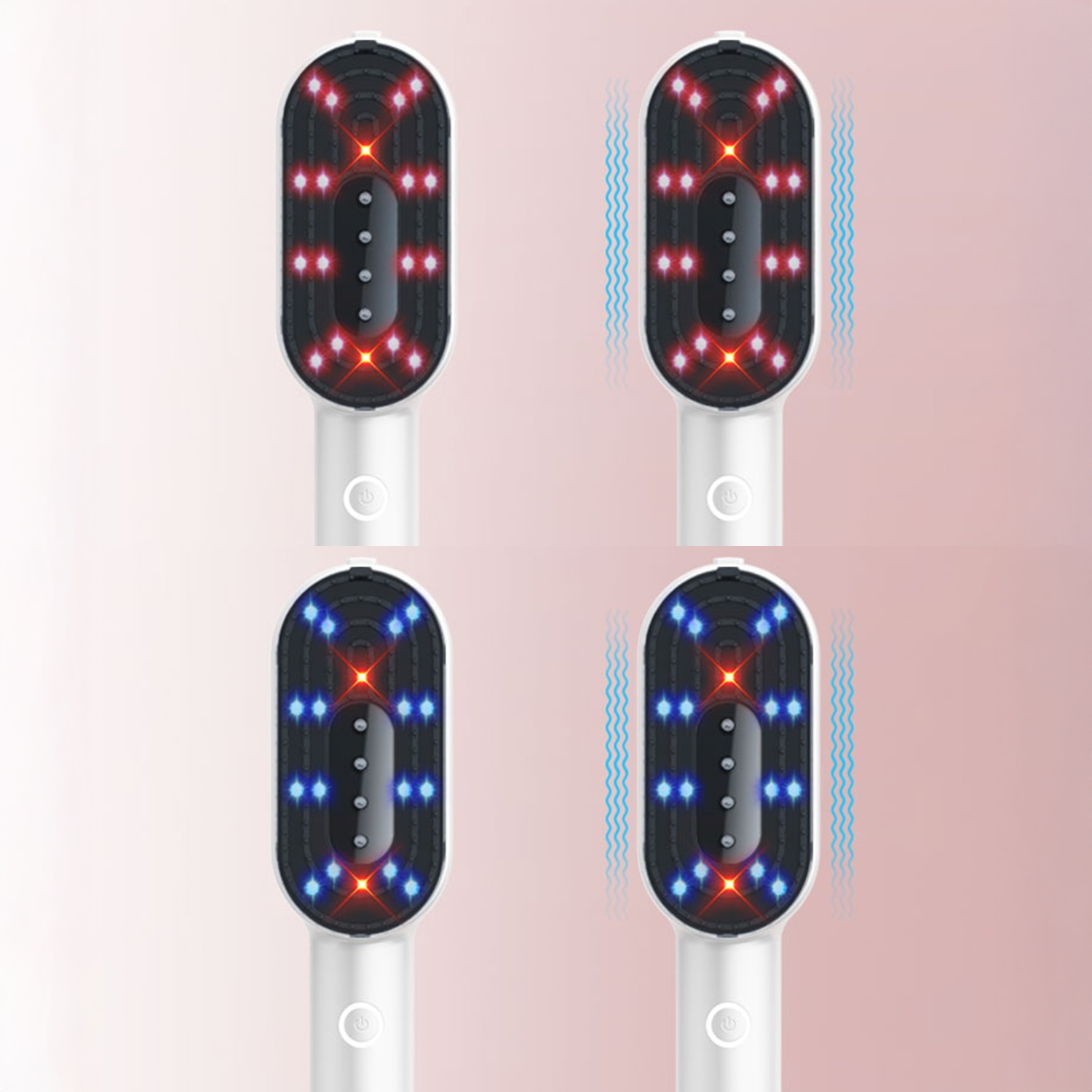 Cuatro dispositivos de mano blancos con luces LED rojas y azules y líneas onduladas que indican vibración.