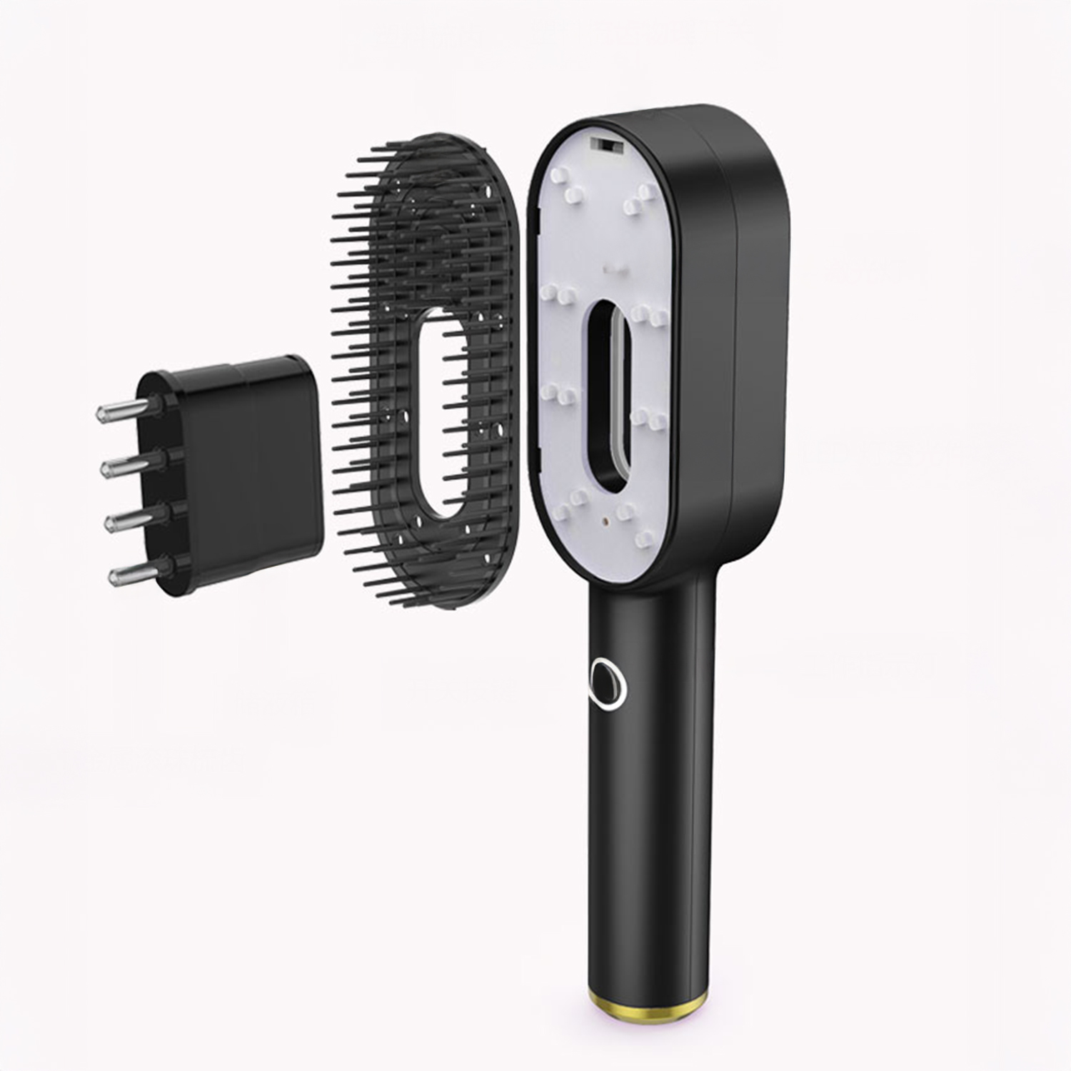 Un cepillo secador de pelo negro con su cabezal de cerdas desmontable y enchufe sobre fondo blanco.
