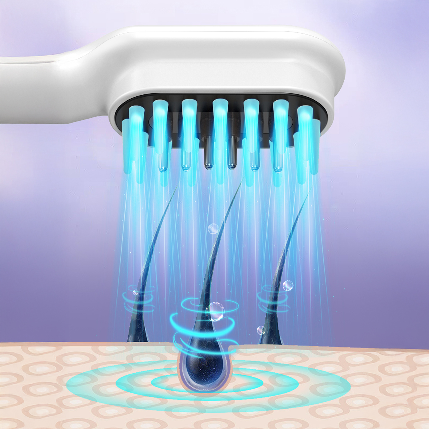 Un dispositivo blanco emite luz azul sobre las raíces del pelo y la piel.