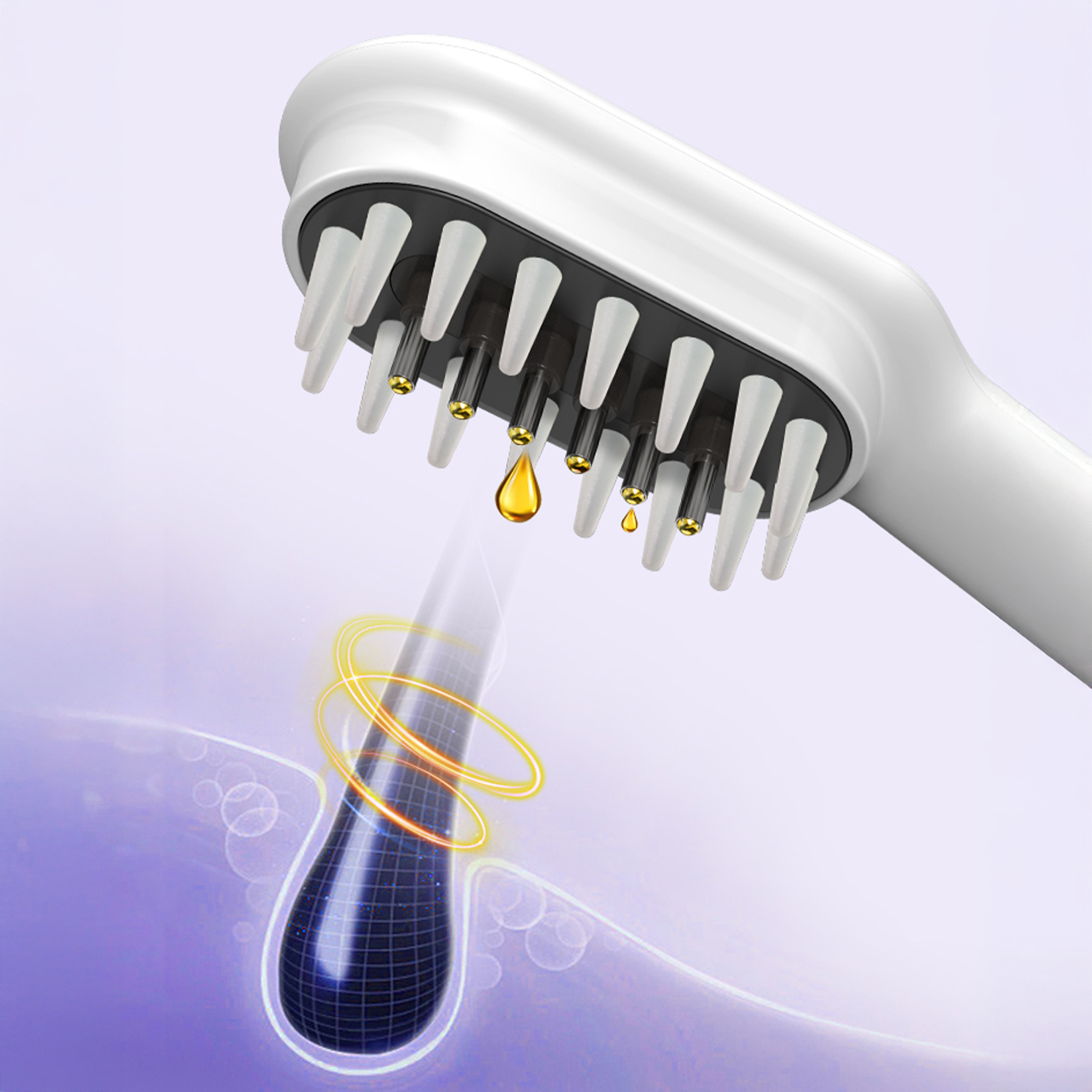 Un cepillo de pelo blanco con púas dispensa gotas doradas dirigidas a un folículo piloso ampliado.