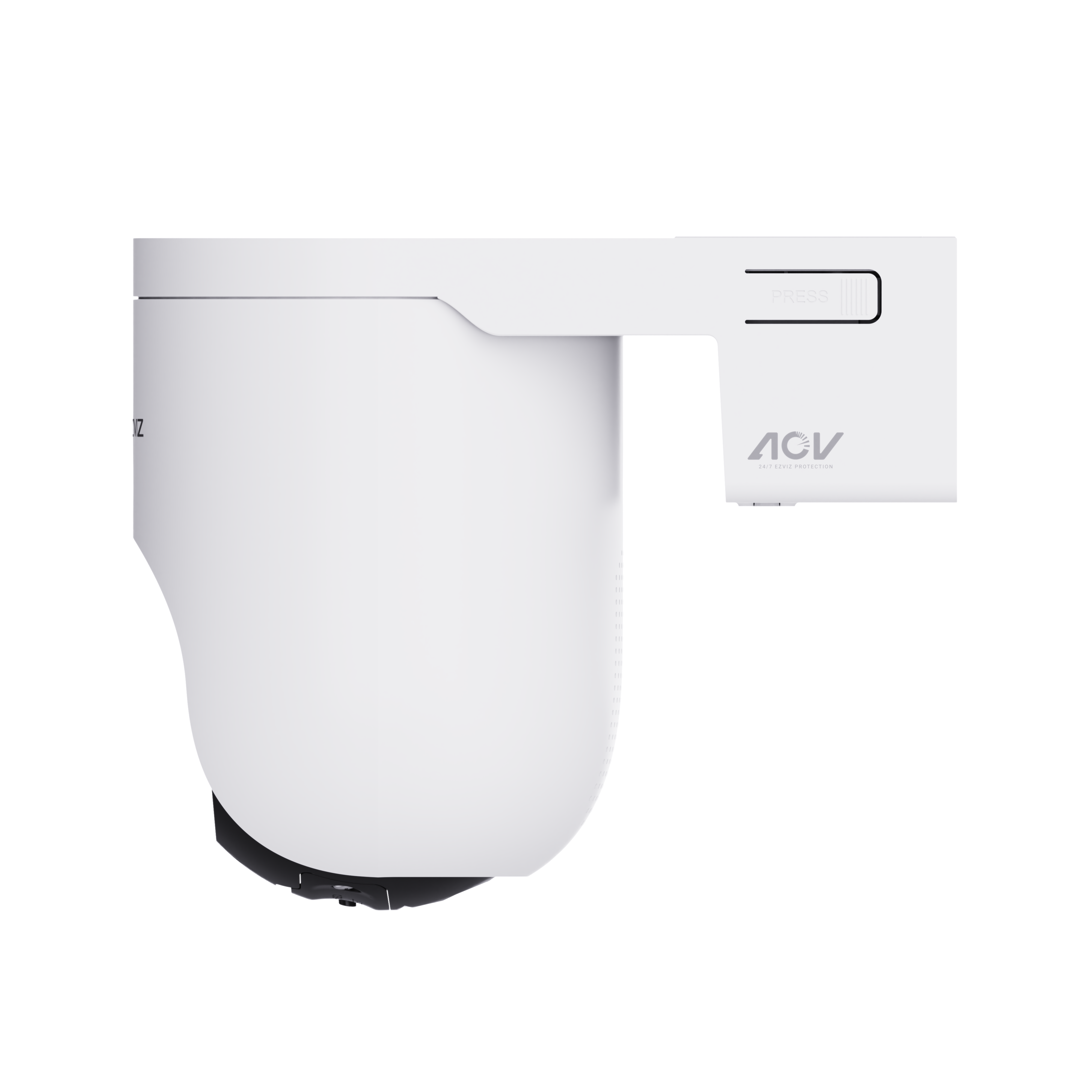 Witte beveiligingscamera met gemonteerde beugel en zwarte onderkant op zwarte achtergrond.