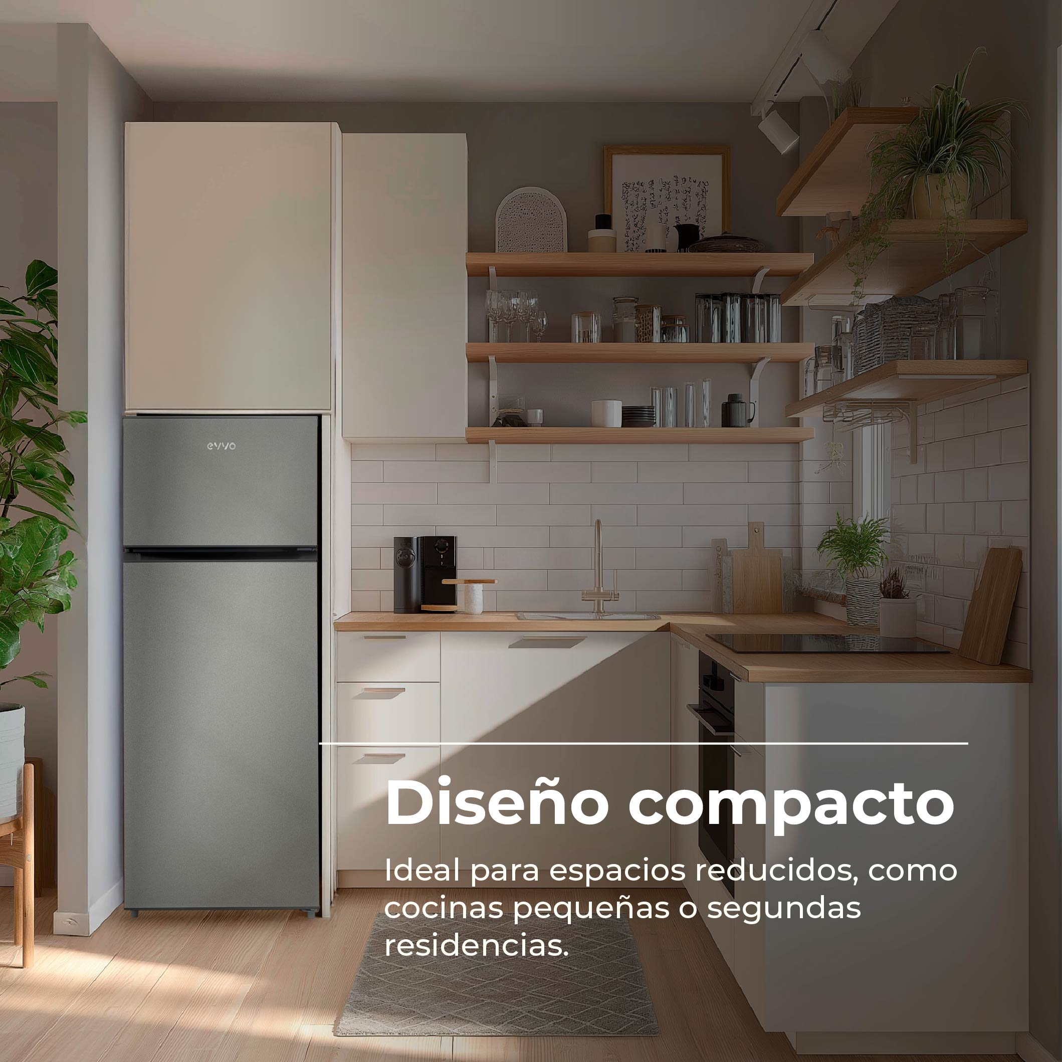 Cocina compacta con muebles blancos, frigorífico gris, estantes de madera y utensilios en la encimera.