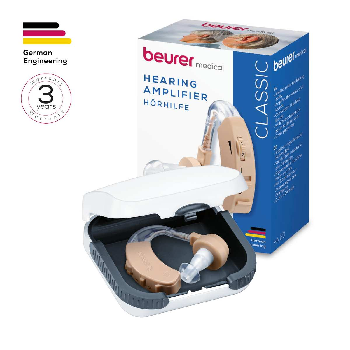 Beurer Hörverstärker im Etui mit Produktverpackung, beiges Gerät und transparenter Ohrtube.