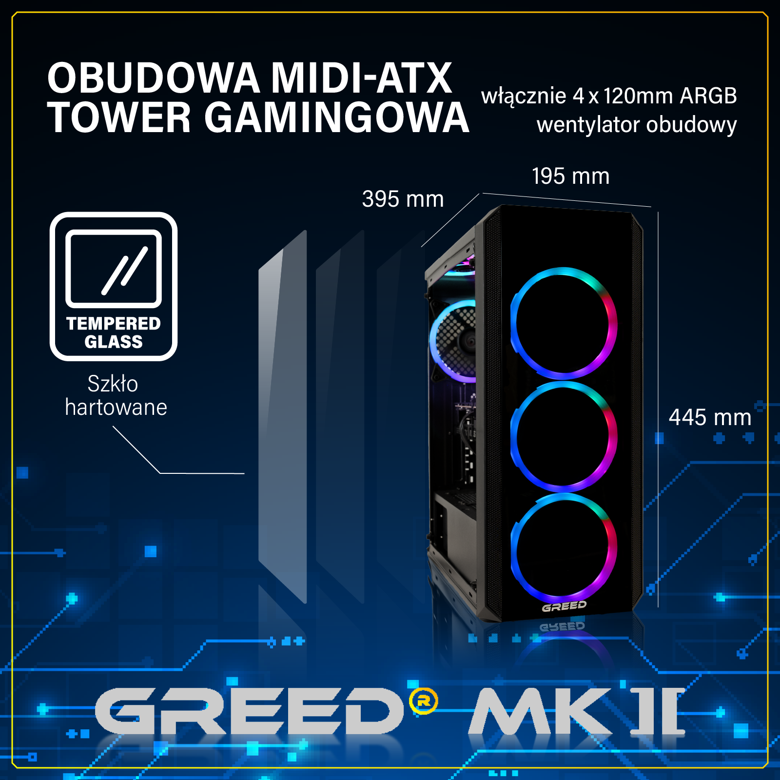 Obudowa Midi-ATX GREED MK II z wentylatorami ARGB, hartowanym szkłem i wymiarami.