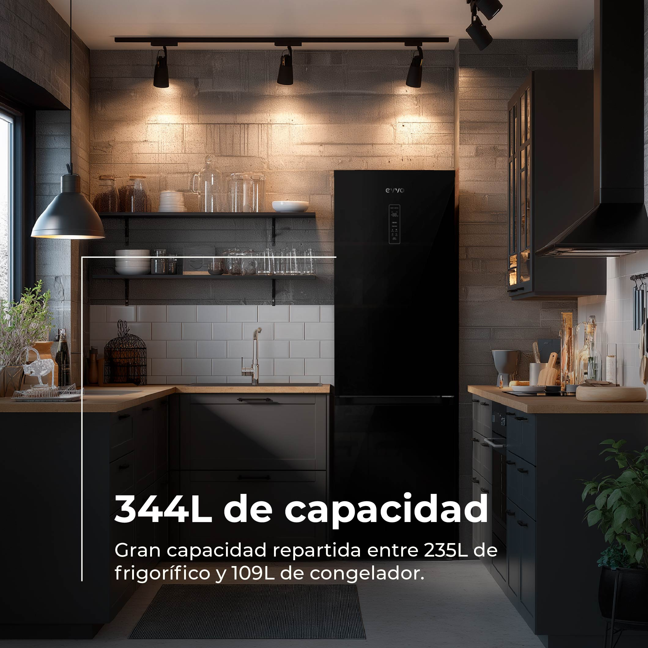 Cocina moderna con frigorífico negro, muebles grises y encimeras de madera.
