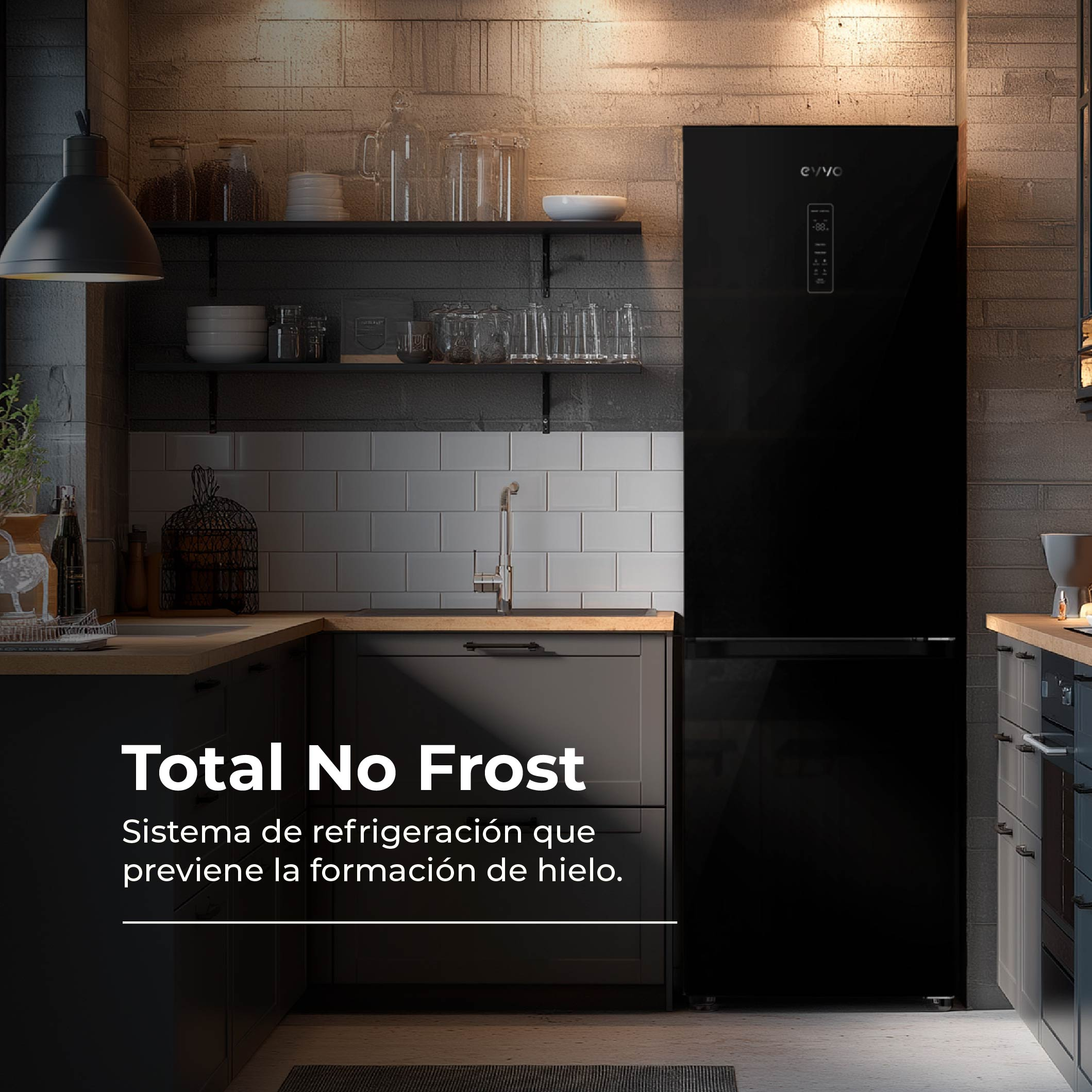 Cocina moderna con frigorífico negro, pared de ladrillo, estantes y texto "Total No Frost".