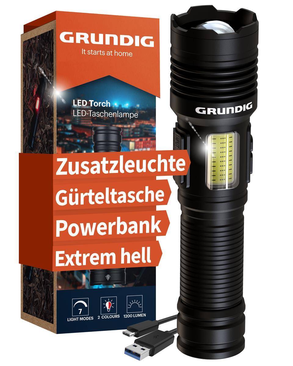 Grundig LED-Taschenlampe mit Zusatzleuchte, Gürteltasche, Powerbank und USB-Kabel neben ihrer Verpackung.